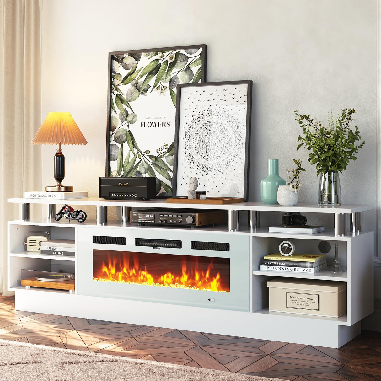 oneinmil Fireplace TV Stand with 36” Electric Fireplace, 70” 2 Tier TV Console Stand for TVs Up to 80", LED Light Entertainment Center, Fireplace for The Living Room TV Stand, White oneinmil