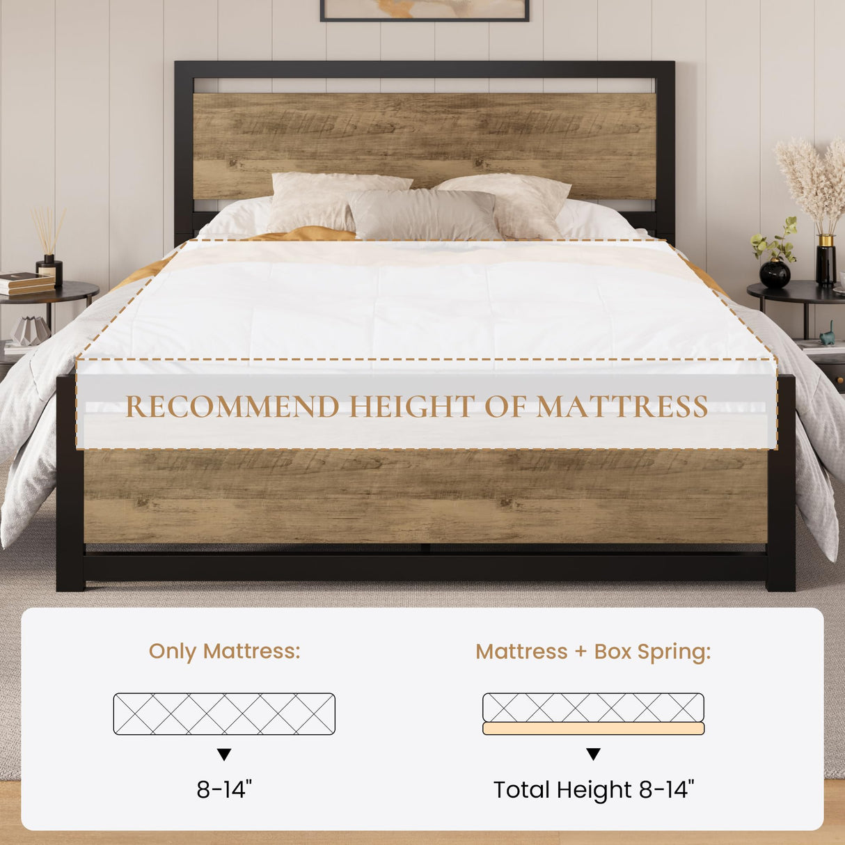 SHA CERLIN Heavy Duty Full Size Metal Platform Bed Frame with Wooden Headboard and 13 Strong Slats Support SHA CERLIN