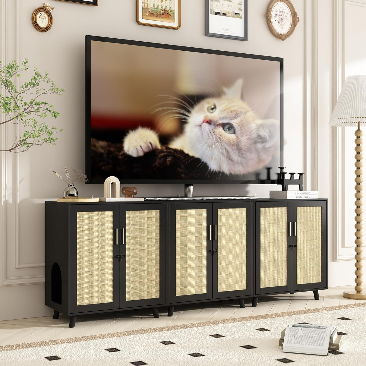 MOOLIVE Cat Litter Box Enclosure, Hidden Cat Litterbox Furniture with Storage, Wooden Cat House with Adjustable Shelf and Cat Scratcher Mats, Cat Washroom for Bedroom, Living Room, Black MOOLIVE