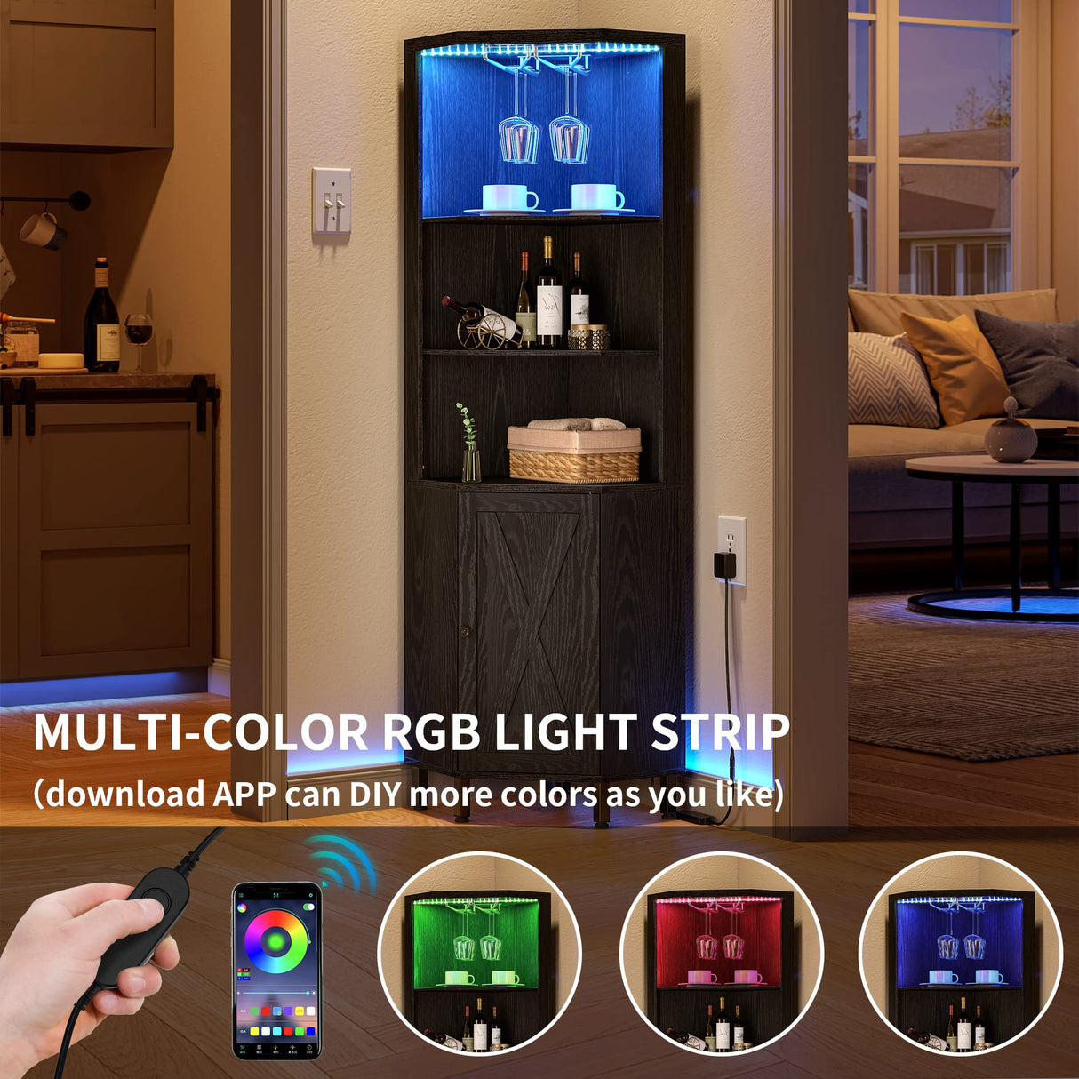 YITAHOME Black Corner Bar Cabinet with LED Lighting, Glass Holder & 5-Tier Storage Shelves YITAHOME