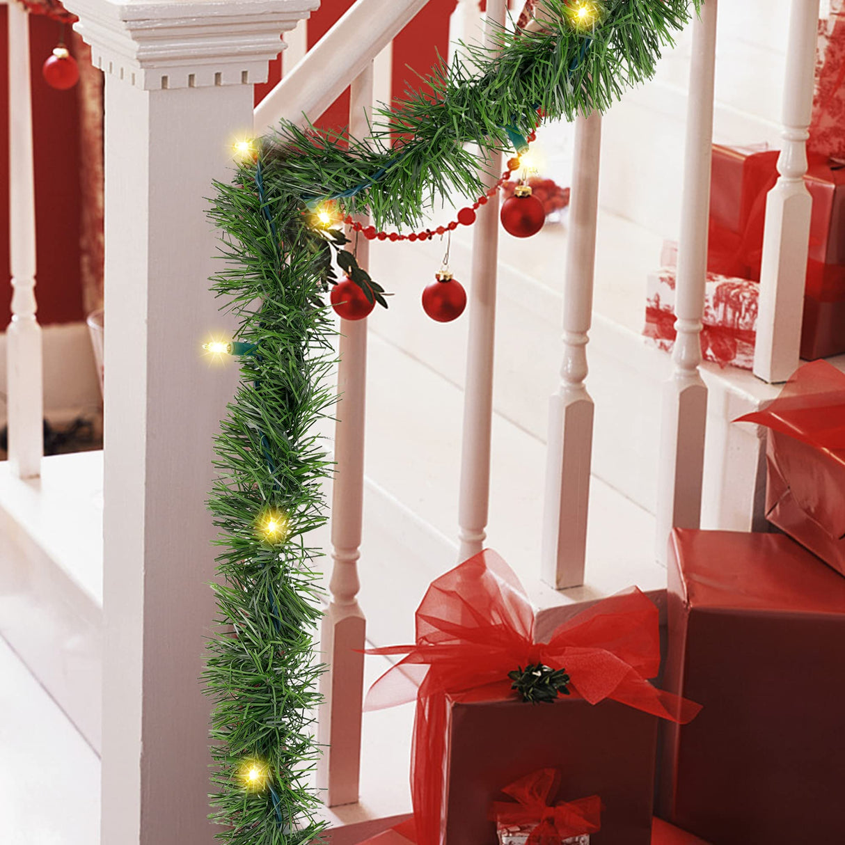 Biswing 15FT Pre-lit Christmas Green Garland Upgrade, Lighted Artificial Pine Garlands with 35 Count Clear Lights, Connectable & Light Up for Indoor Outdoor Home Winter Holiday New Year Decorations Biswing