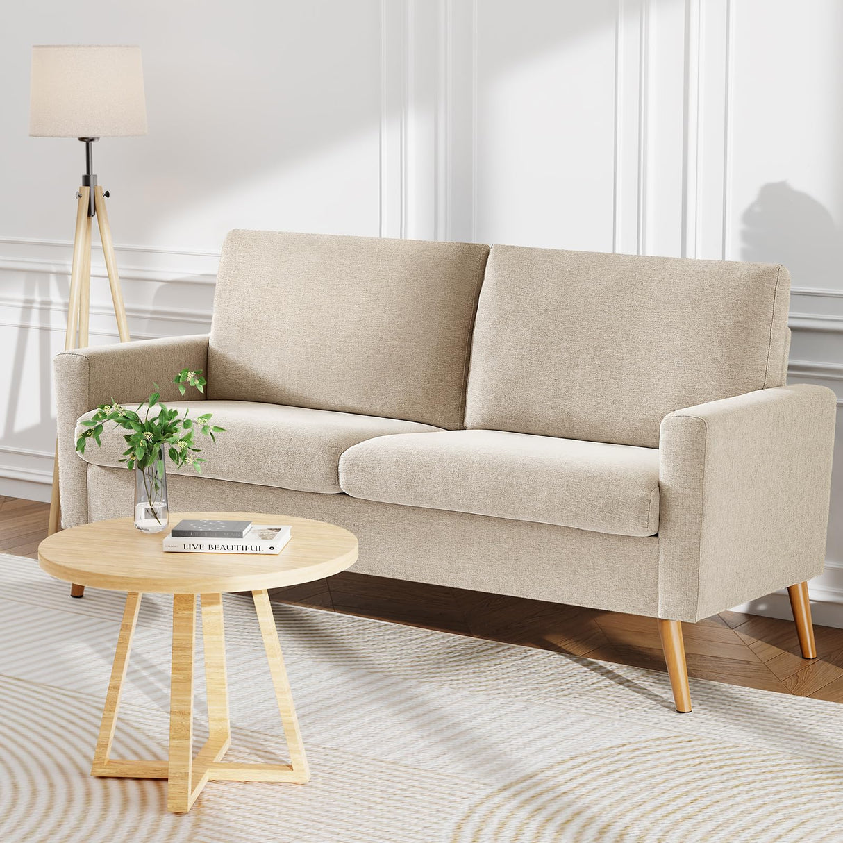 WEUP 68" Loveseat Sofa Oatmeal Linen Couch, Mid Century Modern Love Seat Couches for Living Room, Small Loveseat for Bedroom Office, Comfy Sofa with Spring Cushion, Solid Wood, Tool-Free Assembly WEUP