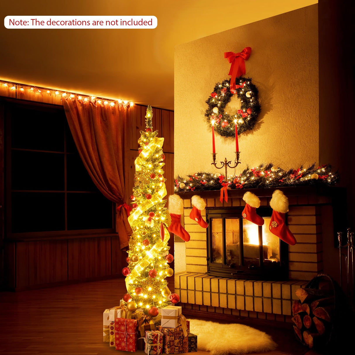 Goplus 5ft Pre-Lit Pencil Christmas Tree, Skinny Xmas Tree with 150 Warm-White LED Lights, 296 Branch Tips, Foldable Metal Stand, Artificial Slim Christmas Tree for Home Office Decoration Goplus