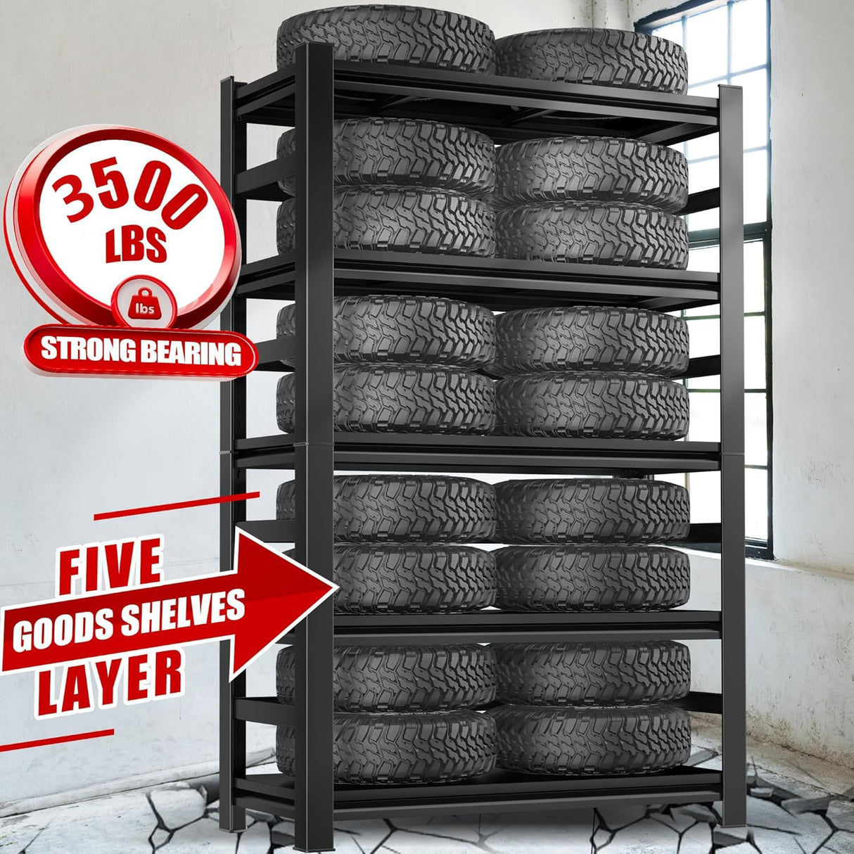 72"H Storage Shelves 5-Tier Garage Shelving 3500LBS - Commercial Steel Storage Rack Adjustable Metal Shelving Unit for Garage, Basement, Warehouse, Pantry, Kitchen, 72"H x 16"D x 36"W, Black PRESTELION