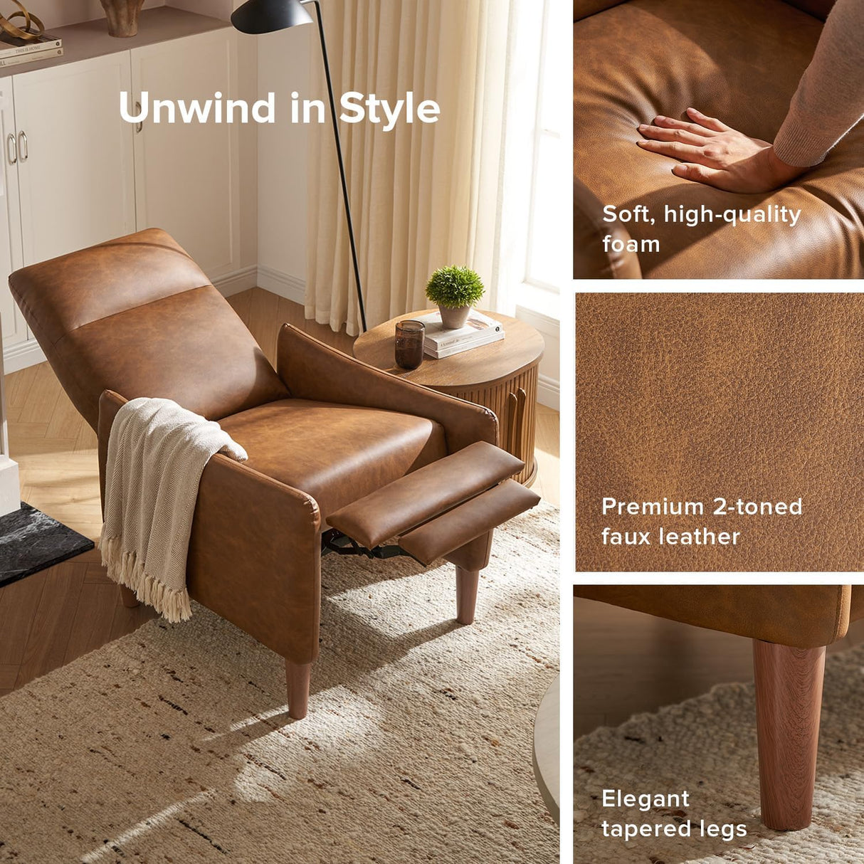 mopio Arthur Recliner Chair with 3 Positions, Accent Armchair, Mid Century Modern Reading Chair, High Back Padded Support Comfy Sleeper Armchair (Pecan Brown Faux Leather) mopio