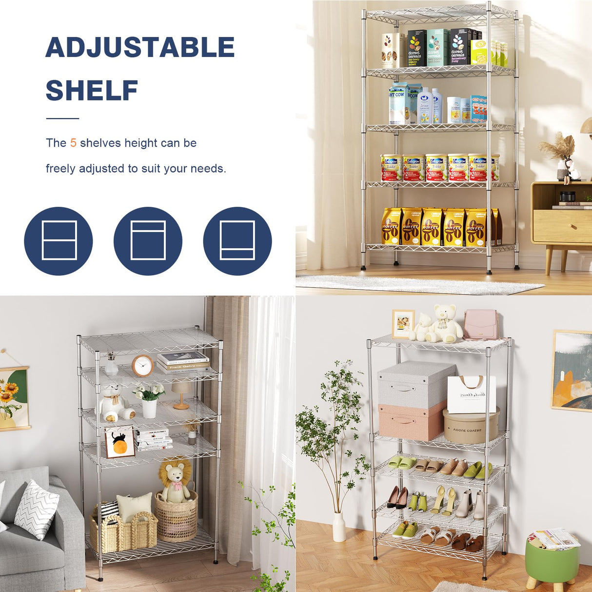 VANZBON 5-Tier Heavy Duty Metal Shelf,Chrome Wire Shelving Unit 35" Wx18 Dx71 H,Height Adjustable Storage Wire Shelves with Lockable Wheels for Garage,Kitchen,Office,Bathroom,Studio VANZBON