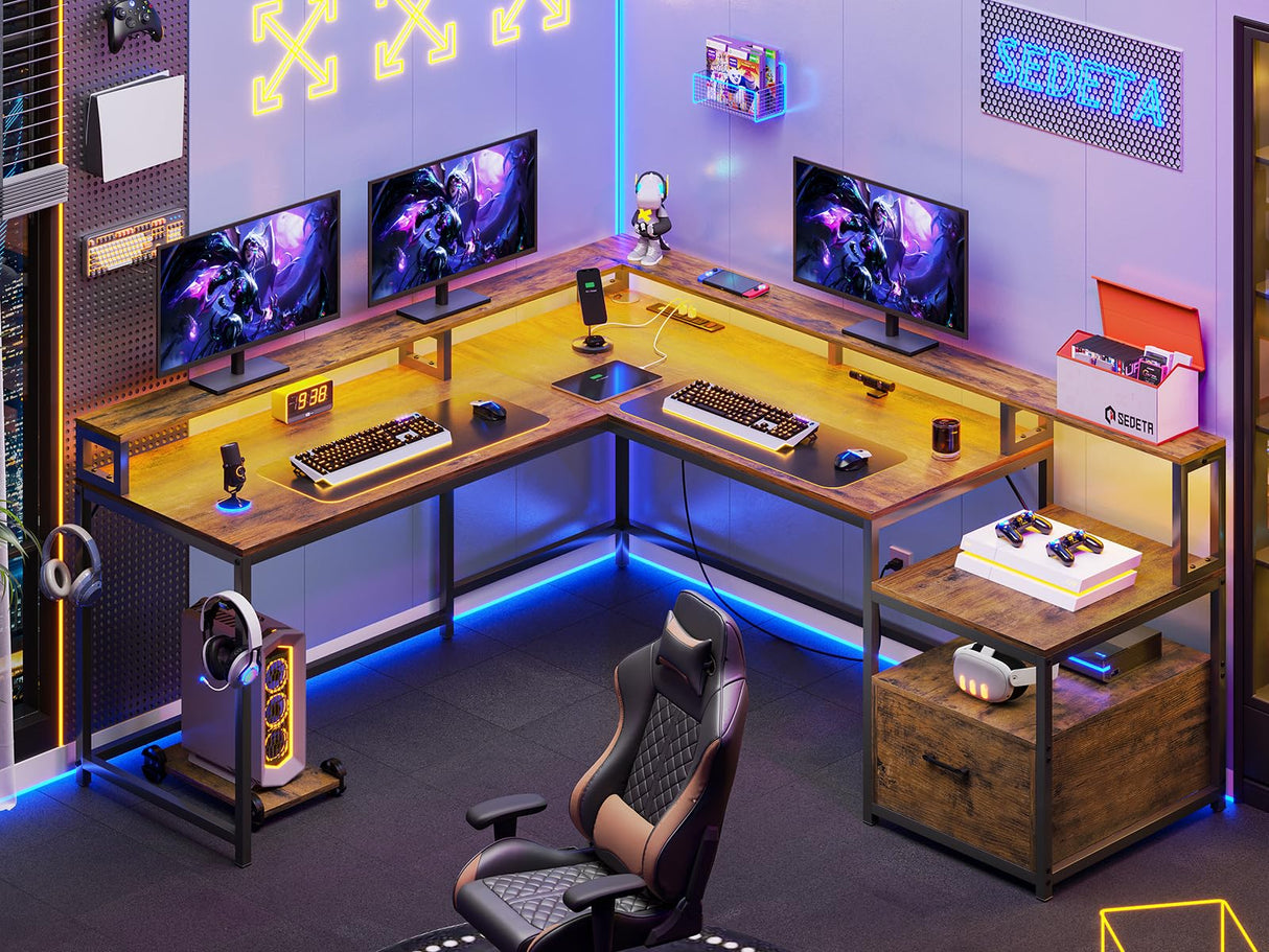 SEDETA L Shaped Desk, 66" Home Office Desk with File Drawer & Power Outlet, Gaming Desk with Led Lights, Corner Computer Desk with Monitor Shelf, Printer Storage Shelves, Two Person Desk, Rustic Brown SEDETA