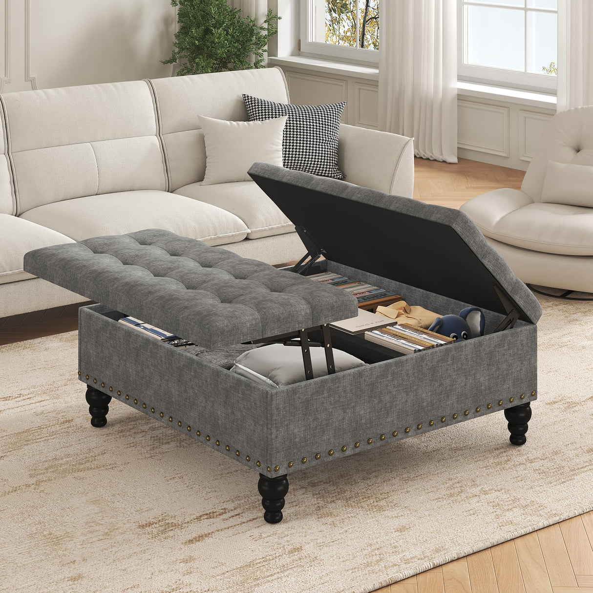 iabifo Large Square Storage Ottoman Bench,Versatile Lift-Top Coffee Table, Toy Box Footrest for Living Room in Chenille, Grey iabifo