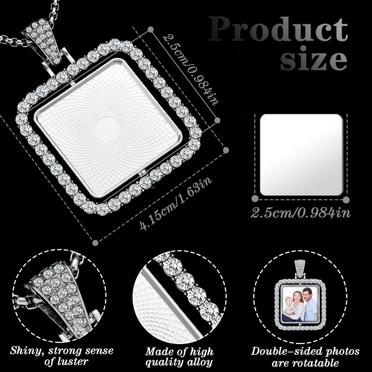 Junkin 24 Pcs Diamond Square Sublimation Rhinestone Trays Pendant Set Including 6 Double Sided Blank Rhinestone Bezel Trays 6 Pcs Thick Chains with 12 Sublimation Discs for Making Junkin