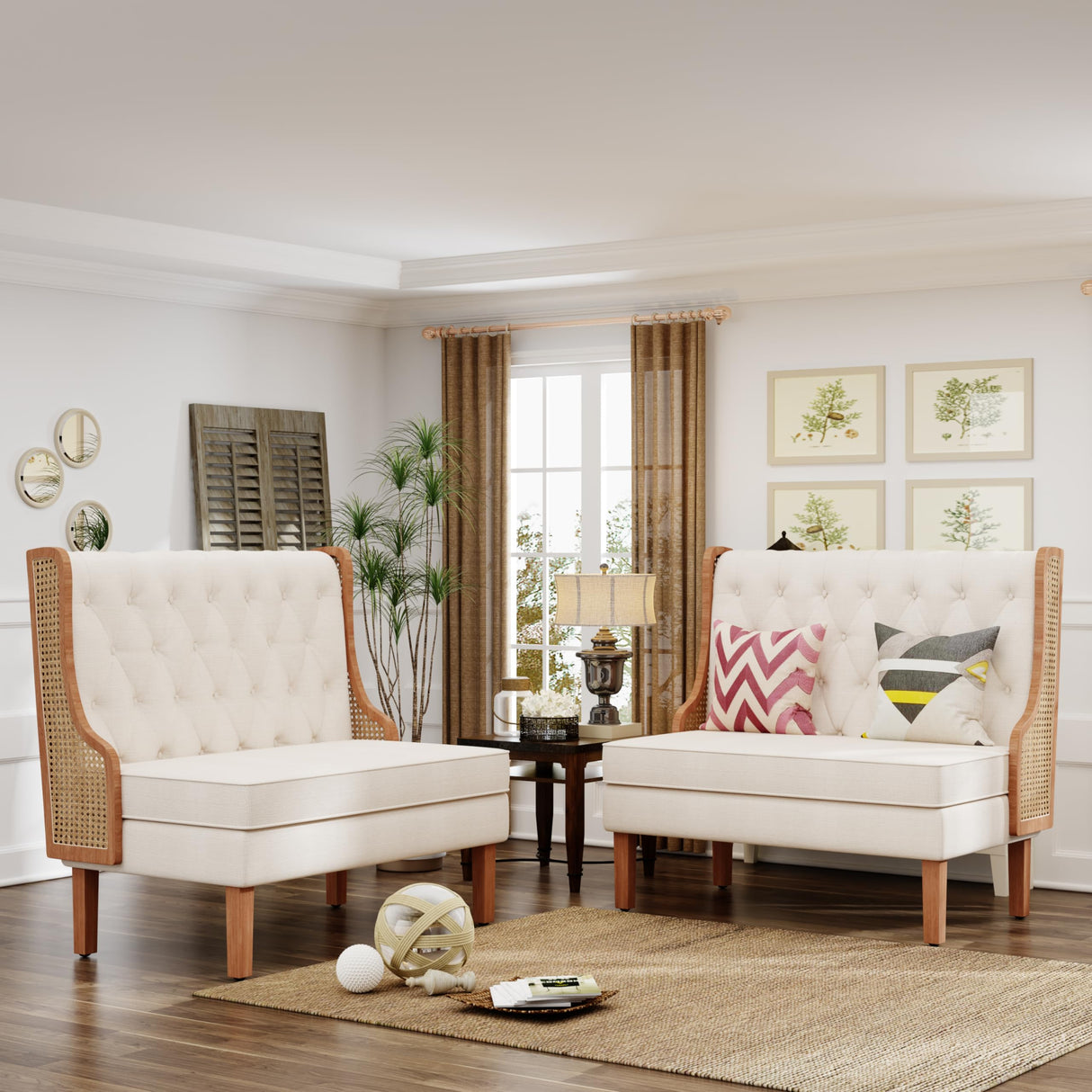 Andeworld Loveseat Settee Bench with Natural Rattan Arms,Upholstered Modern High-Back Mini Sofa Couch,Banquette Dining Bench Love Seat for Living Dining Room Bedroom Office Small Space Entryway,Beige Andeworld