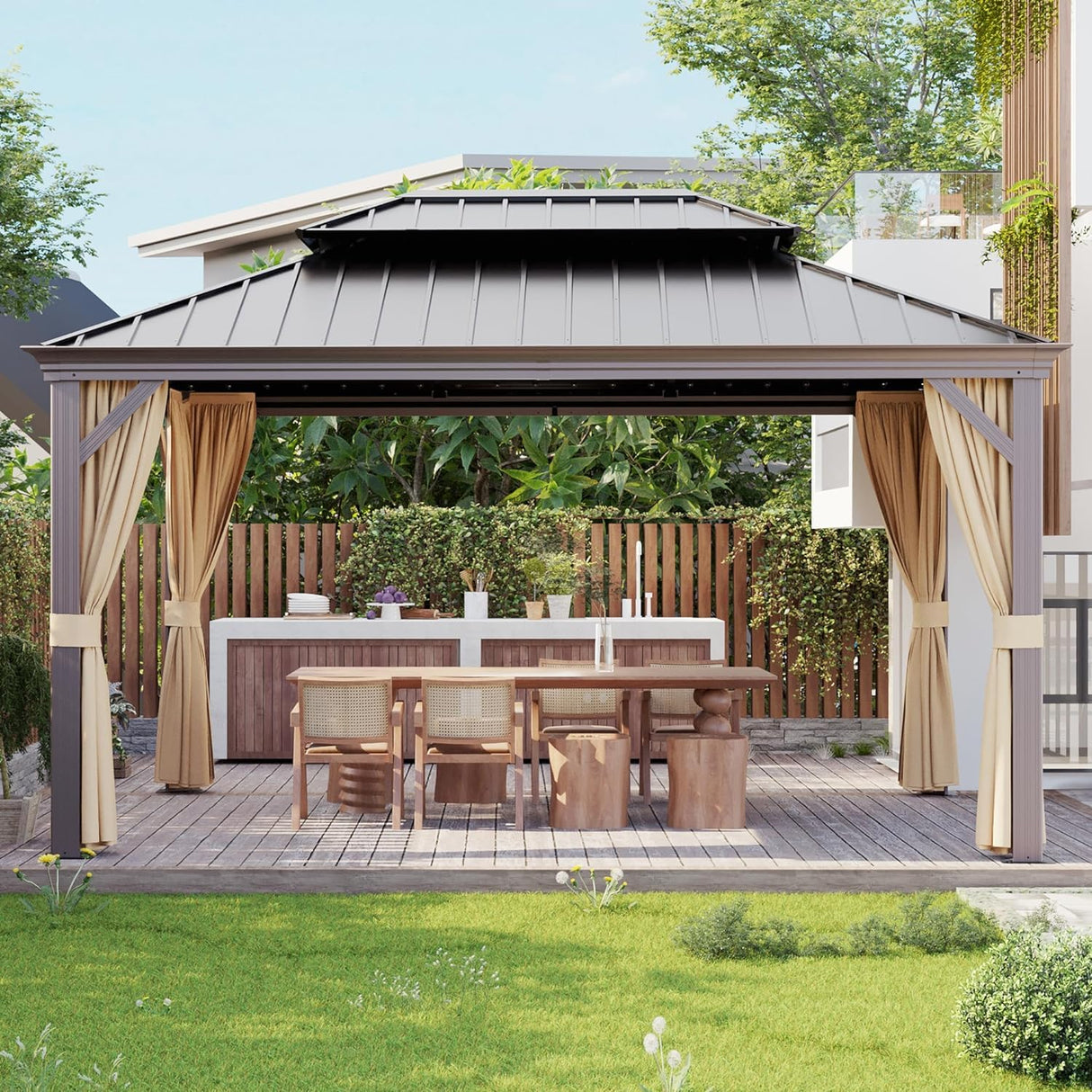 Gardenbee 12x18 ft Gazebo Double Roof Canopy with Netting and Curtains, Outdoor Gazebo 2-Tier Hardtop Galvanized Aluminum Frame Garden Tent for Patio, Backyard, Deck and Lawns Gardenbee