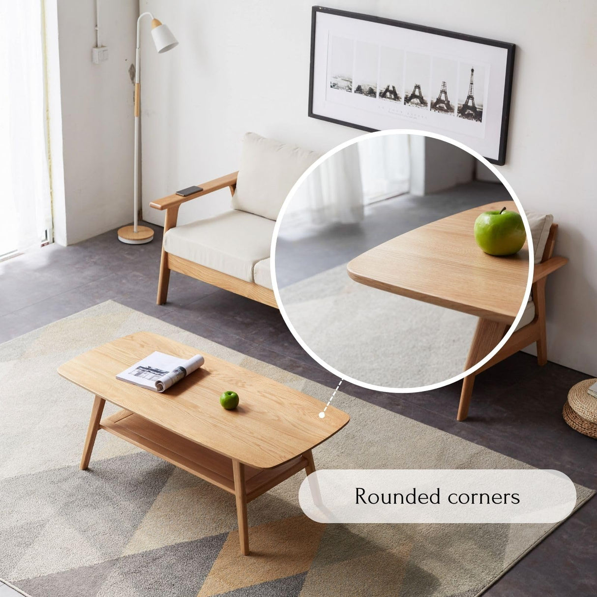 Vadisun 2-Tier Coffee Table with Storage Shelf, Natural Color 100% Solid Wood Table for Living Room, Elegant Furniture for Small Apartment (Natural, 39.37“ x 19.69” x 17.32“) Vadisun