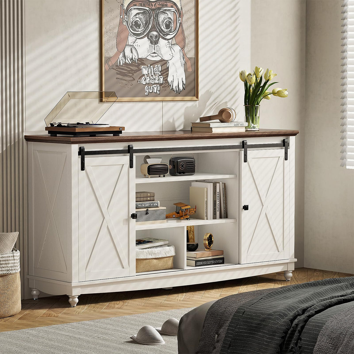 Farmhouse TV Stand for 65 75 Inch TV, 32" Tall Entertainment Center with Storage Cabinets and Barn Door, White Console Table with 3 Open storage shelve, Wood TV Console Table for Living Room, Bedroom ALLSTAND