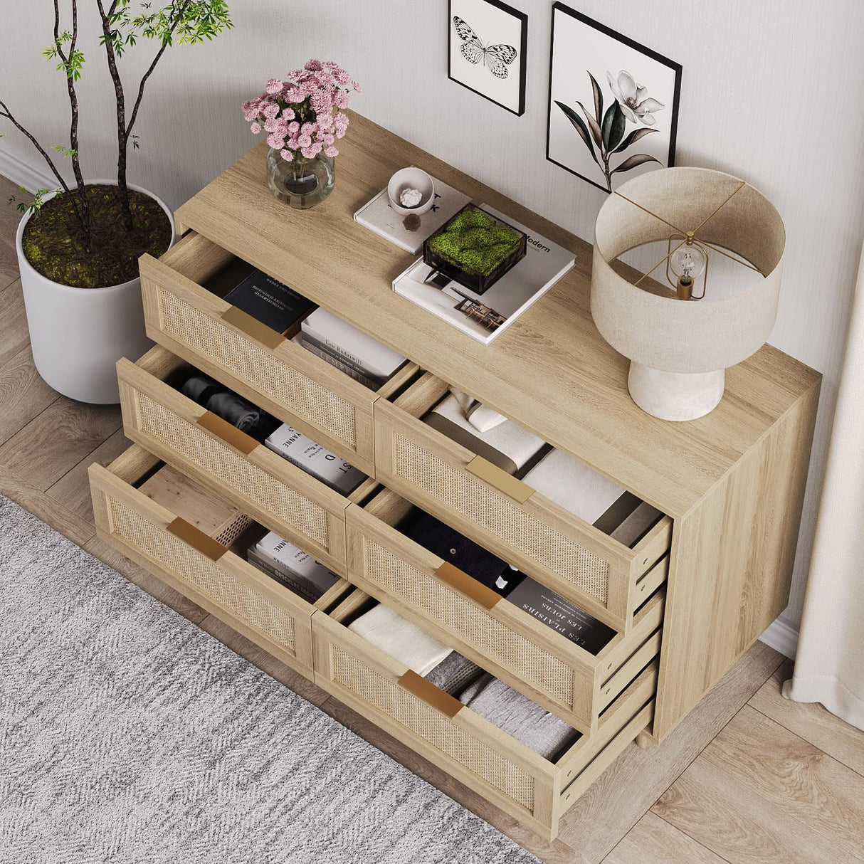 Angel Sar Rattan Dresser for Bedroom, 6 Drawer Wide Dresser, Boho&Farmhouse Chest of Drawers, 43" Clothes Storage Cabinet, Metal Handle&Wood Legs for Hallway, Living Room, Bedroom, Wood Angel Sar