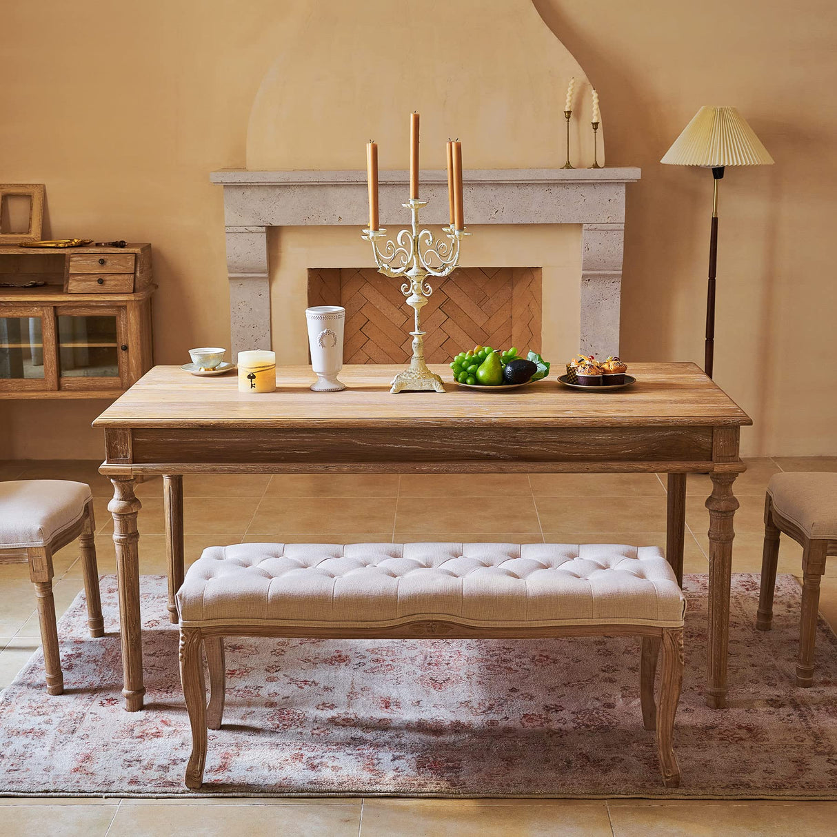 VONLUCE Vintage Bench with Padded Seat & Rubberwood Legs, 44" Memory Foam Upholstered Entryway Bench, Tufted Fabric End of Bed Bench for Bedroom and Living Room, French Style, Beige VONLUCE