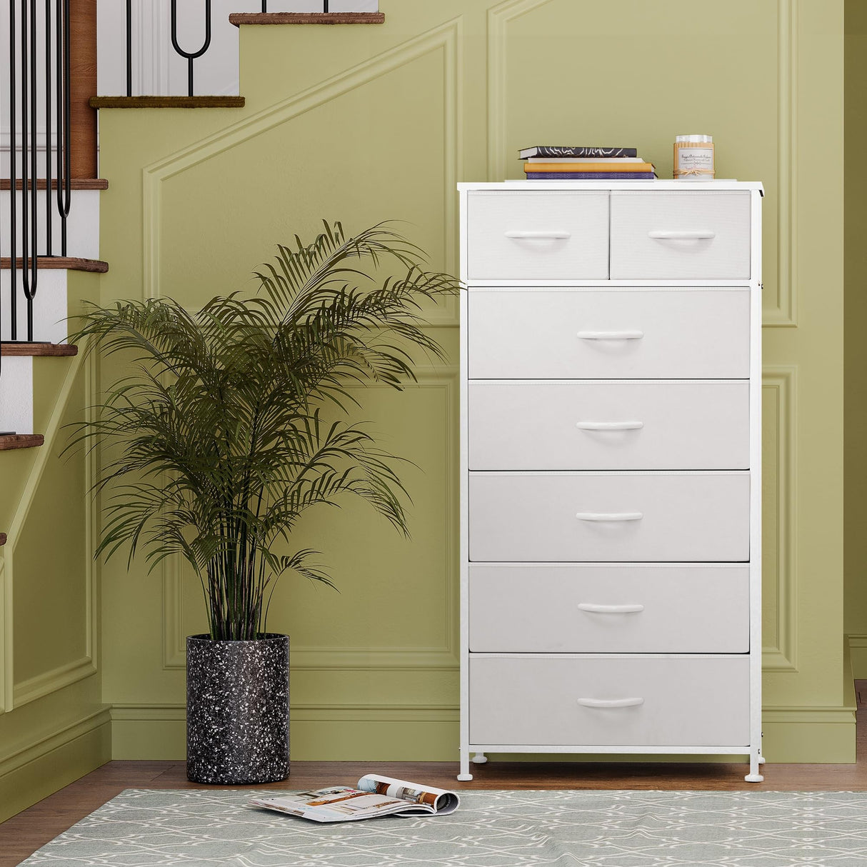 Pellebant Dresser for Bedroom with 7 Drawers, Tall Dresser Vertical Storage Tower, Sturdy Metal Frame, Fabric Storage Bins with Plastic Handle, Wooden Top, Organizer Unit for Closet/Hallway, White Pellebant