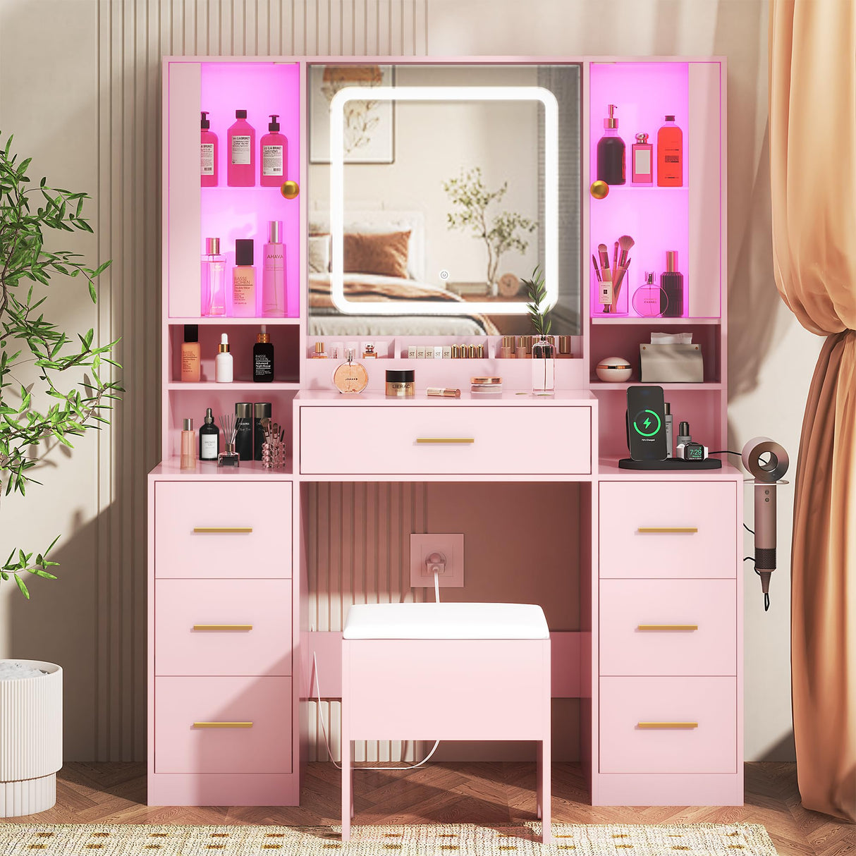 HUANLEGO Makeup Vanity Desk with Mirror and Lights, Pink Vanity Mirror with Lights Desk with Chair & LED Glass Cabinet, Vanity Set with Lighted Mirror & Power Outlet, Dressing Table with 7 Drawers HUANLEGO