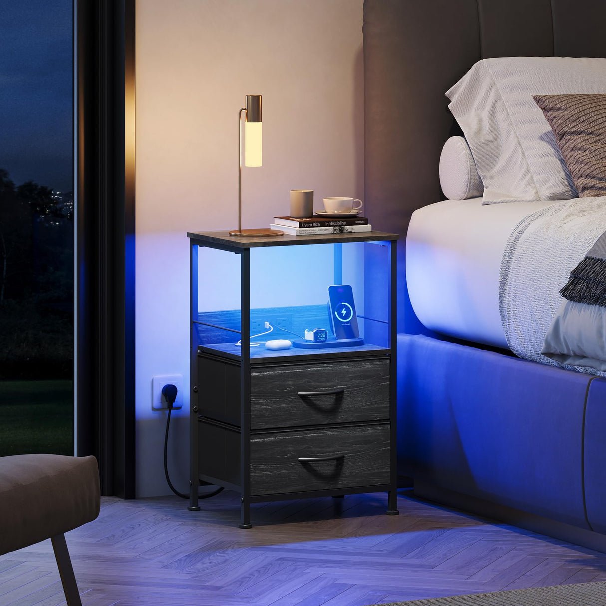WLIVE Night Stand with Charger Station, LED Nightstand for Bedroom, Small Dresser with 2 Fabric Drawers for Small Spaces, Bed Side Table, Charcoal Black and Wood Grain Print WLIVE