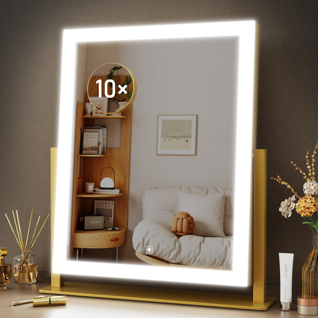 Gvnkvn 15.2" Lighted Makeup Mirror Hollywood Vanity Mirror with Lights, Three Color Modes,Detachable 10X Magnification Mirror, Smart Touch Control, 360°Rotation White Gvnkvn