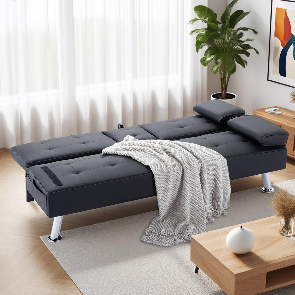 Convertible Loveseat Sofa Sleeper Couch Bed Adjustable PU Leather Upholstery Folding Recliner Sofá, Small 2-Seat Futon Sofa&Couch, Modern Accent Accent Couches with Cup Holders for Living Room Lyngins