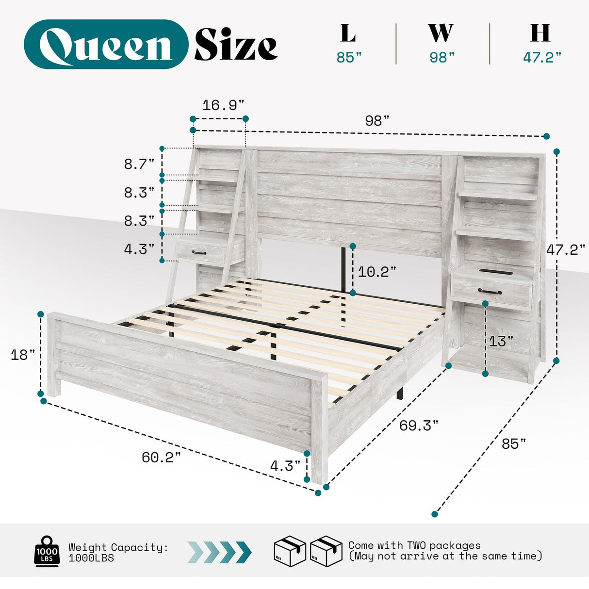 AMERLIFE Queen Bed Frame with 98" W Headboard and 4-Tier Bookshelves, Farmhouse Platform Bed with Charging Station & 2 Drawers, Noise-Free, No Box Spring Needed, Rustic White AMERLIFE