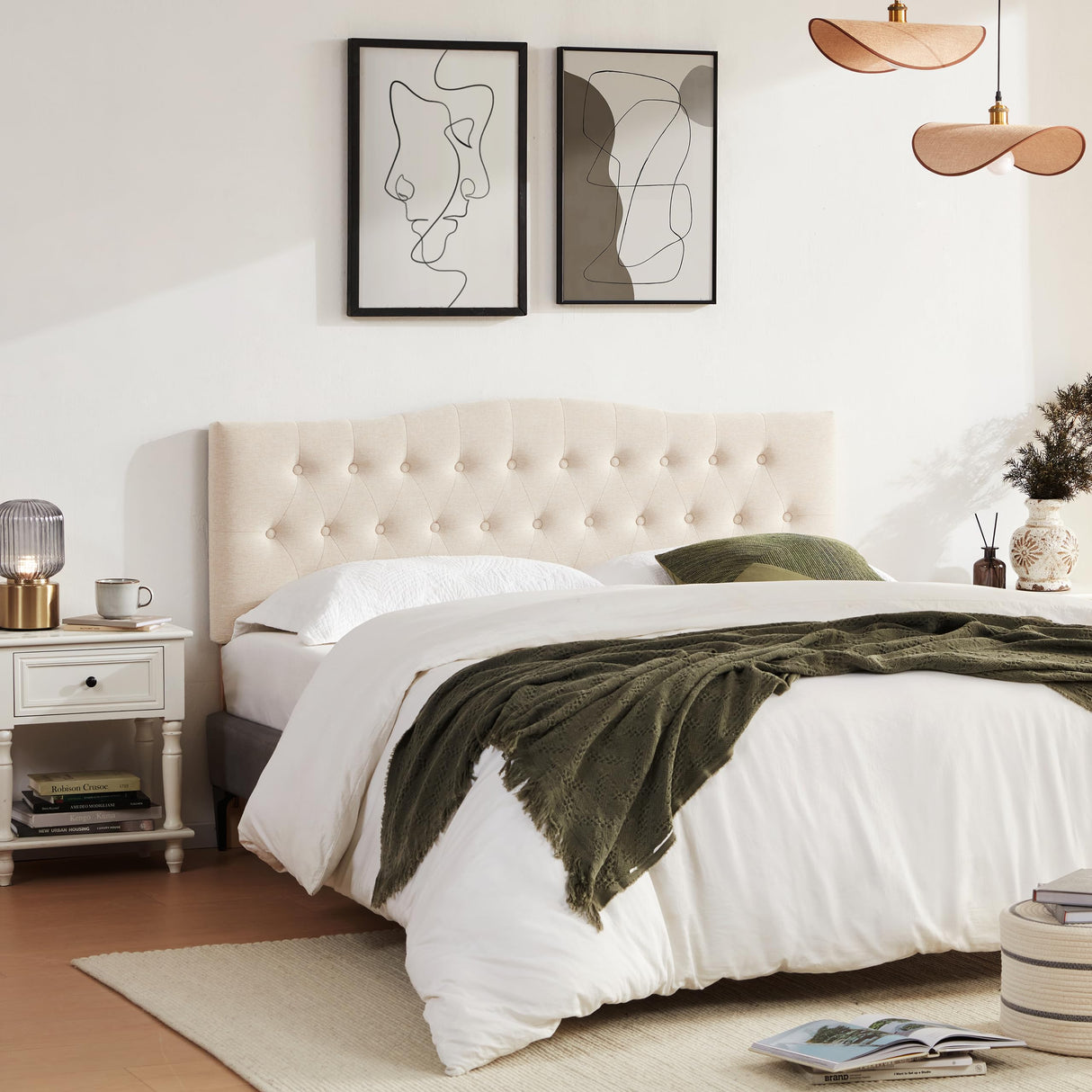 Huatean Home Tufted Upholstered Headboard Twin Size, Sturdy and Durable Solid Wood Twin XL headboard, Fabric Headboard Adjustable Height from 37” to 51”, Modern Button Diamond Design Head Board, Beige Huatean Home