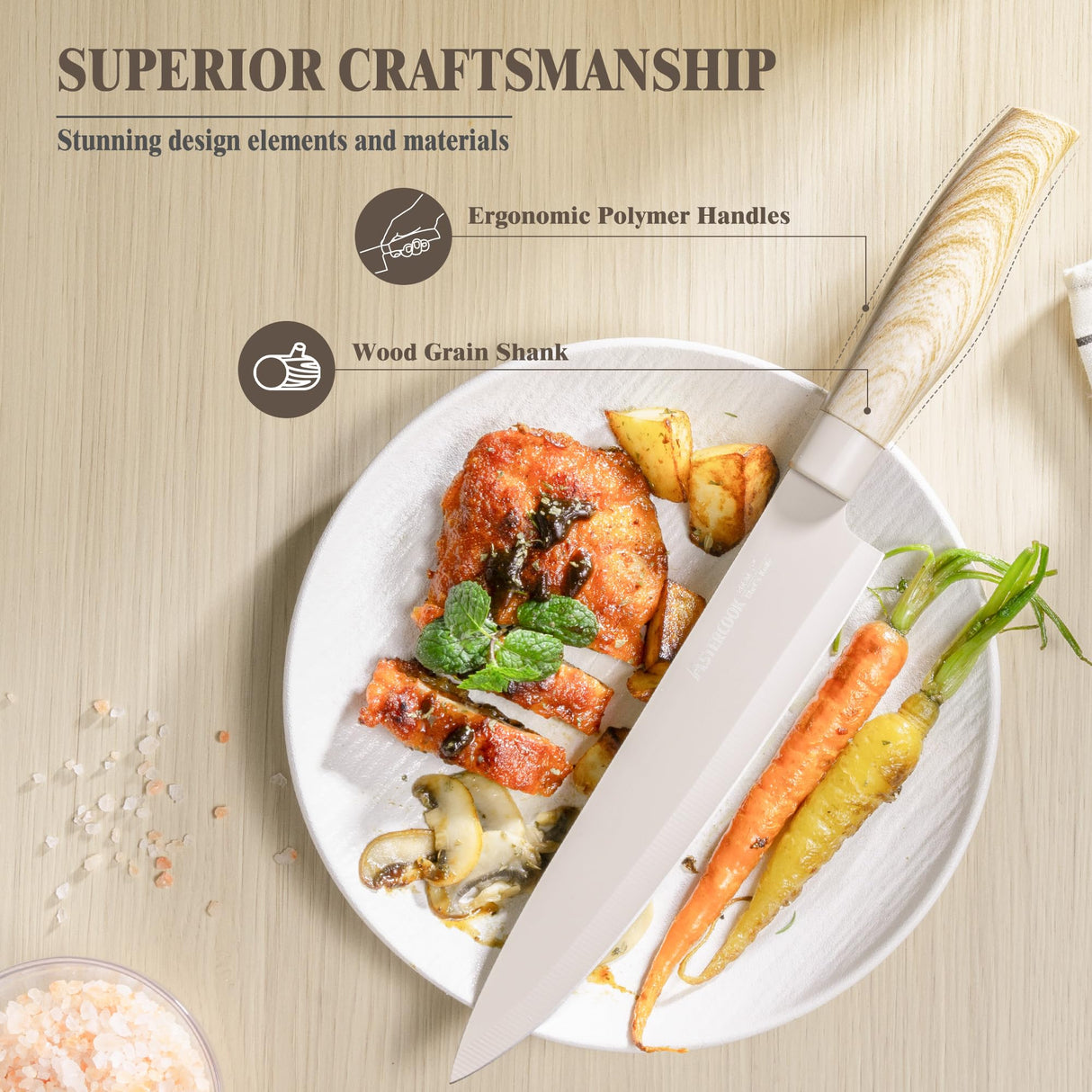 Knife Set, Astercook 6 Piece Khaki Kitchen Knife Set, Non-stick Stainless Steel Knife Block Set, Anti-Rust Dishwasher Safe Knife Set with Block Astercook