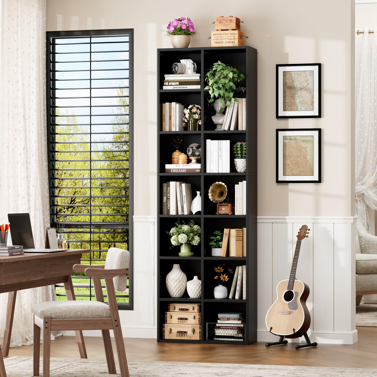 FOTOSOK 71'' Tall Bookshelf, Double Wide Media Tower Rack CD DVD Rack Display Cabinet with Adjustable Shelves, Tall Narrow Bookcase Black Bookshelf for Home Office, Black FOTOSOK