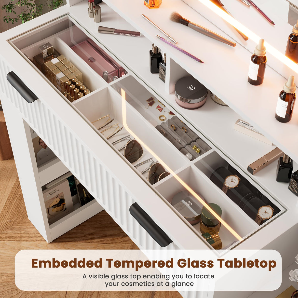 HAIOOU Fluted Vanity Desk with Mirror and Lights,48" Large Makeup Vanity Desk with Charging Station,Dressing Table with 4 Drawers & 3 Open Storage Shelves, Glass Top for Bedroom, White HAIOOU