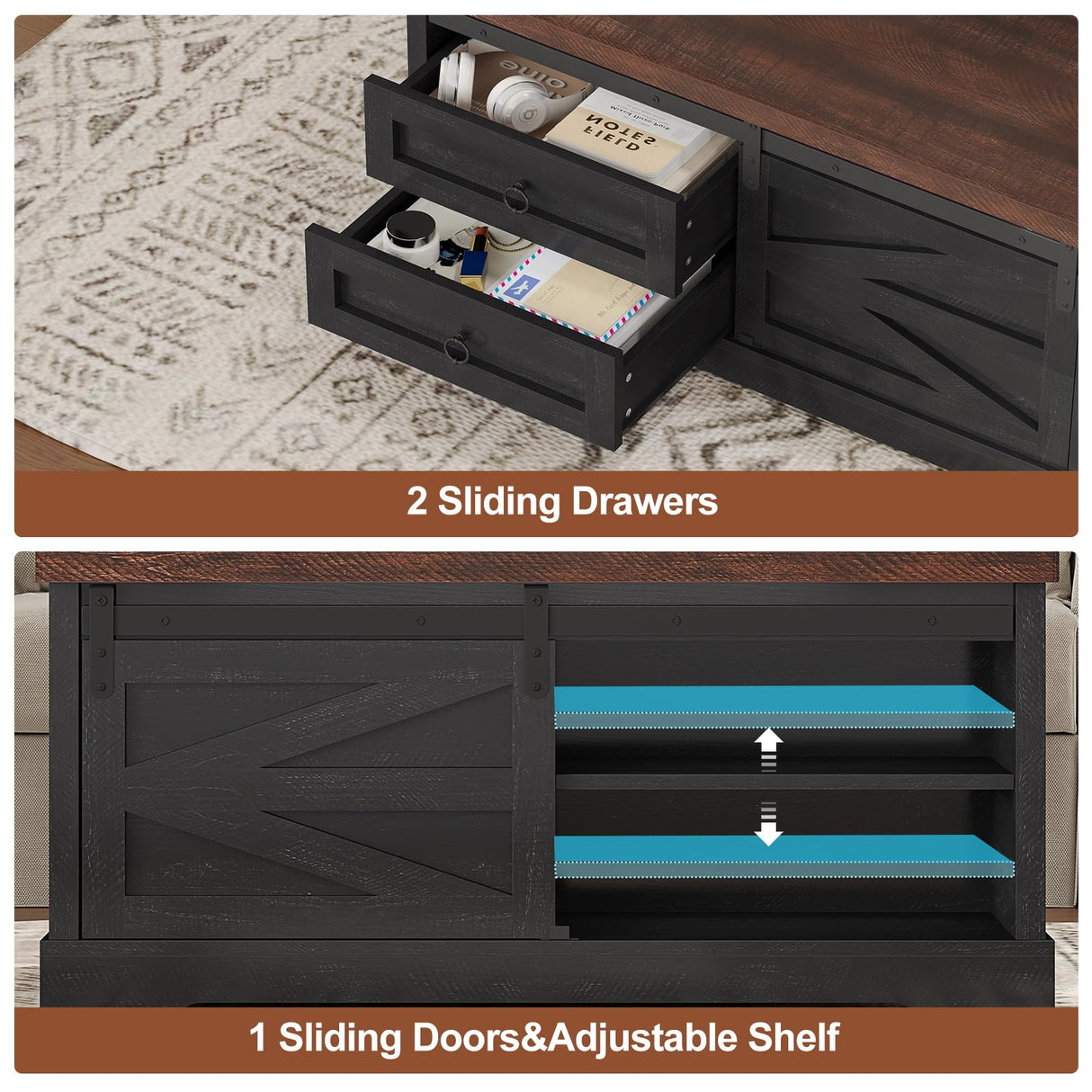 Itaar 39.4'' Lift Top Coffee Table with Storage, Farmhouse Coffee Tables for Living Room, Square Coffee Table with Large Hidden Compartment & 2 Drawers & Adjustable Shelves, Black Itaar