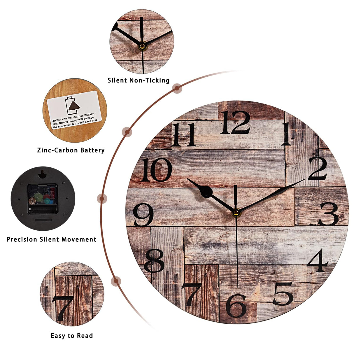 ACOZUHSE Silent Non-Ticking Wall Clocks, Brown Wood Barn Board Pine Plank Rustic Wall Clocks, Battery Operated 12 Inch Round Wall Clock for Home Decor Living Room Kitchen Office ACOZUHSE