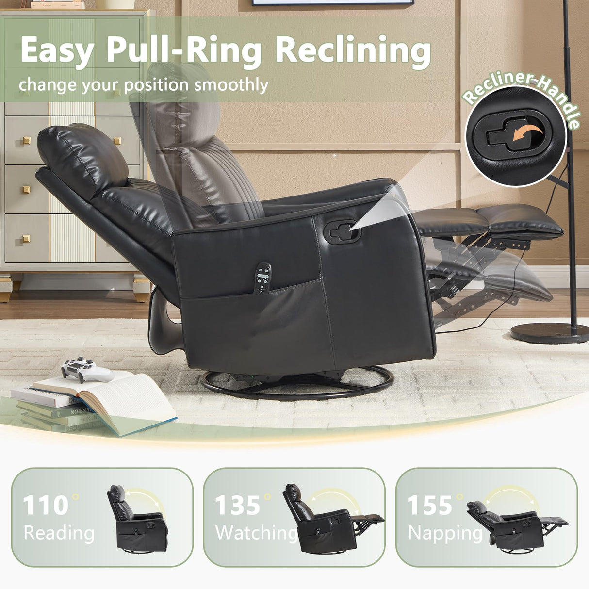 cinkehome Heated Massage Swivel Rocker Recliner Chair for Nursery - Small Space Reclining Chair with Lumbar Support, 360° Swivel & Gentle Rocking, Ergonomic High Back Faux Leather Black cinkehome