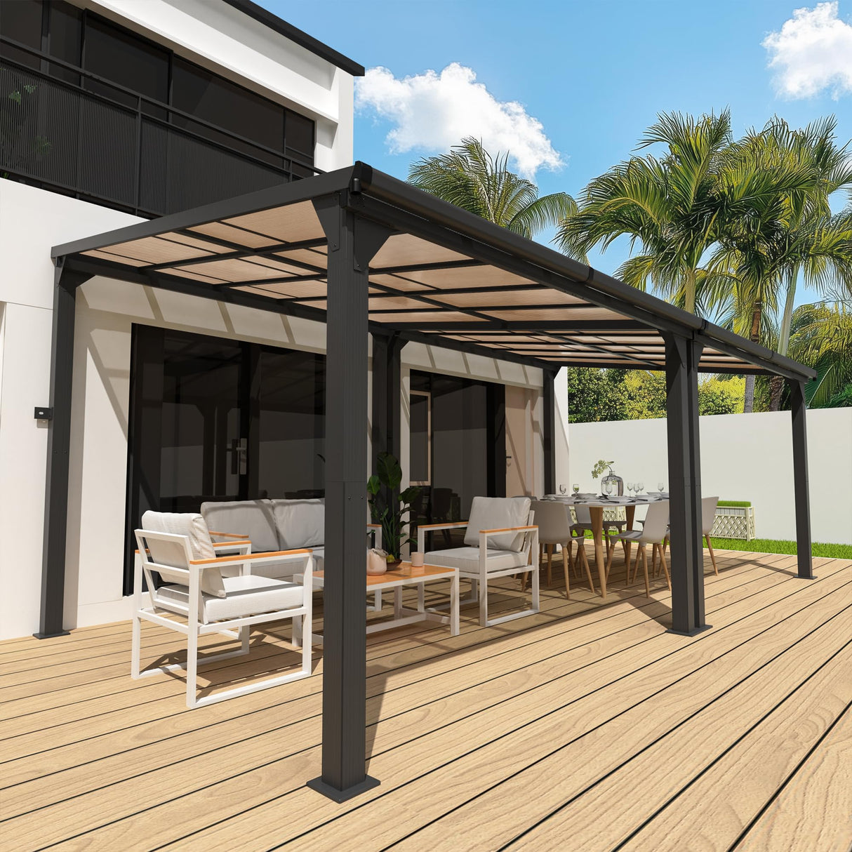 Pamapic 10 * 20FT Outdoor Gazebo,Wall Mounted Gazebo,Hardtop Lean to Gazebo,Aluminum Frame Pergola,UV Resistant Polycarbonate Roof,Outdoor Patio Awnings for Deck, Porch,Lawn,Backyard Pamapic