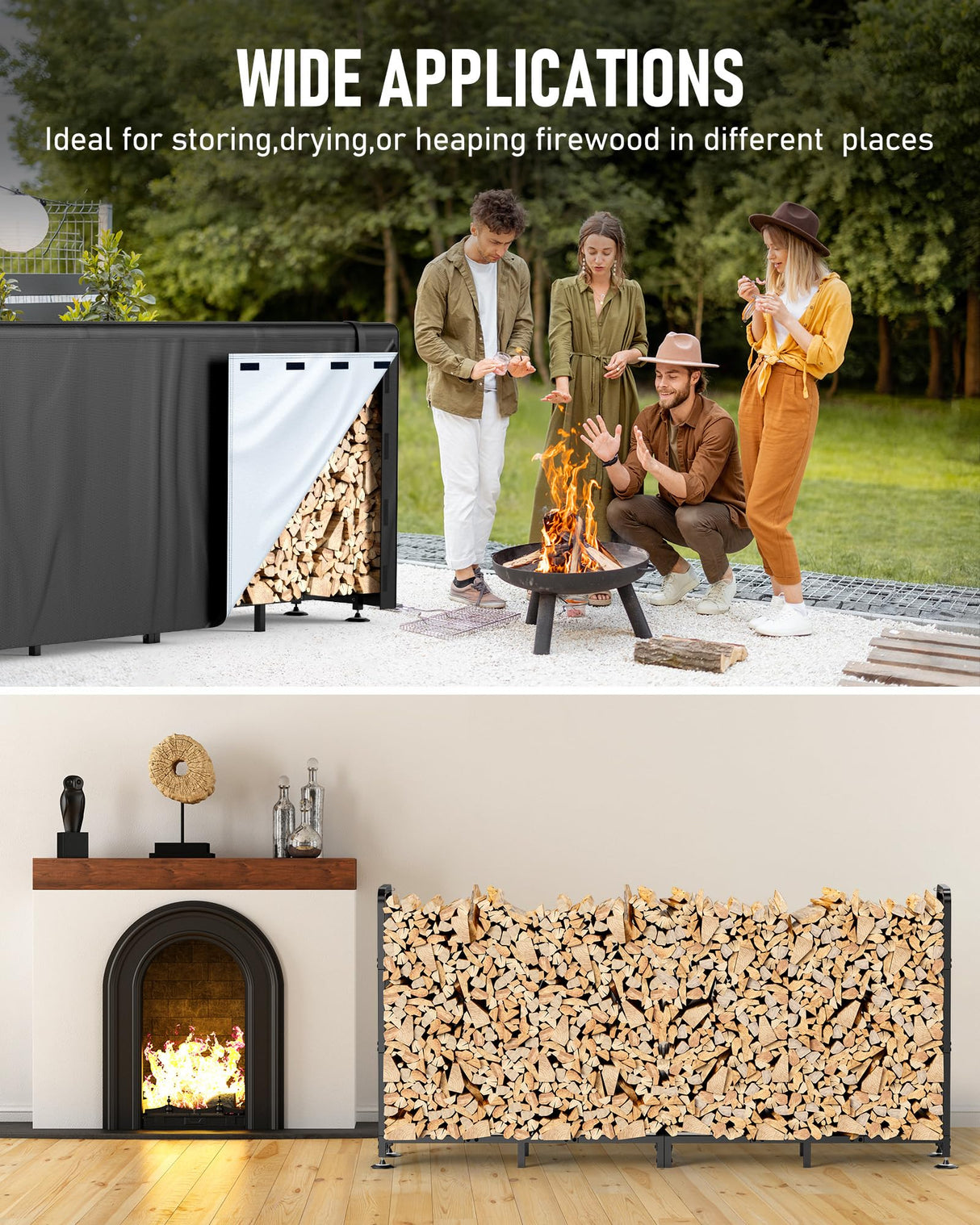 Brightown Firewood Rack Outdoor with Cover, 8FT Wood Rack for Firewood Indoor, Waterproof Fire Wood Holder Outside, Adjustable Heavy Duty Logs Stand Stacker Holder for Patio Deck, Black Brightown