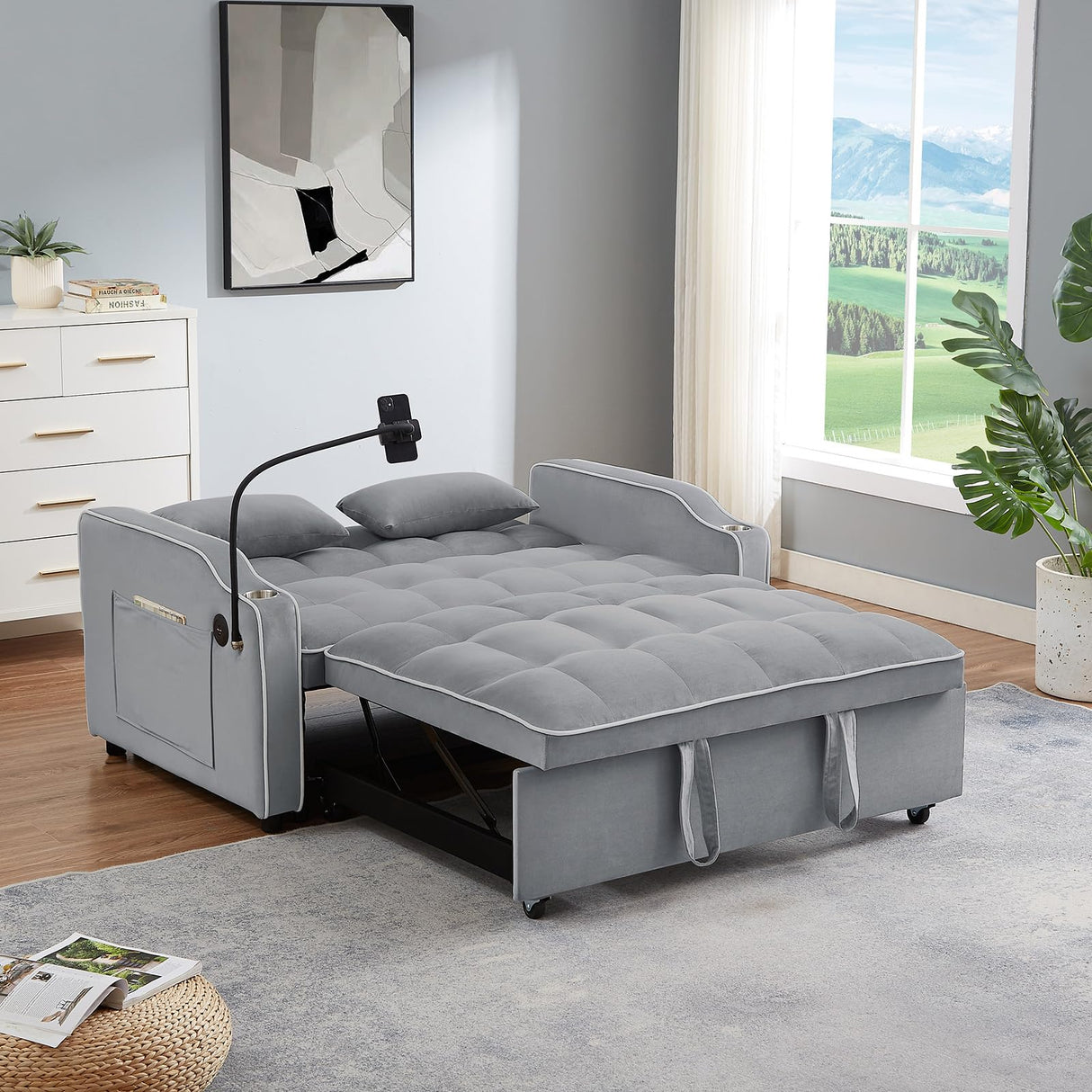 JEEOEHY 3 in 1 Convertible Sleeper Sofa Bed,Velvet Pull Out Couch Bed w USB&Type C Port,Comfy Futon Loveseat w Adjustable Backrest&Phone Stand&Cup Holder for Living Room Apartment Small Space(Grey) JEEOHEY