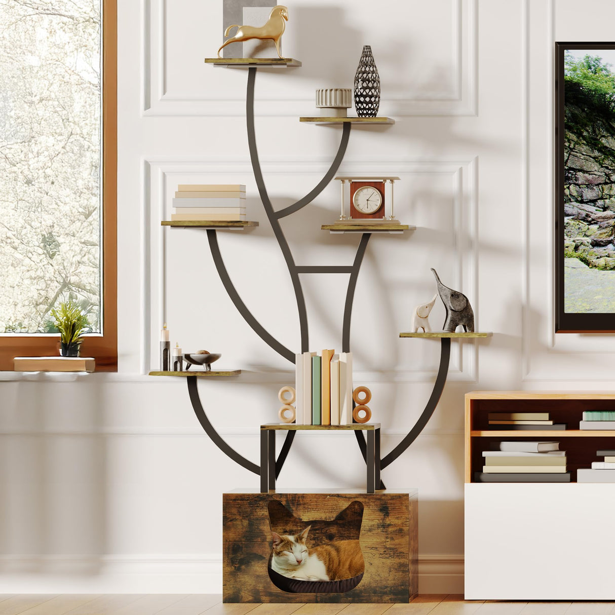 YITAHOME Tall Bookshelf with LED Light, Artistically Designed Tree Bookshelf with Cats Litter Box, 8-Tier Unique Bookshelves Corner Display Shelf for Home Office, Bedroom YITAHOME