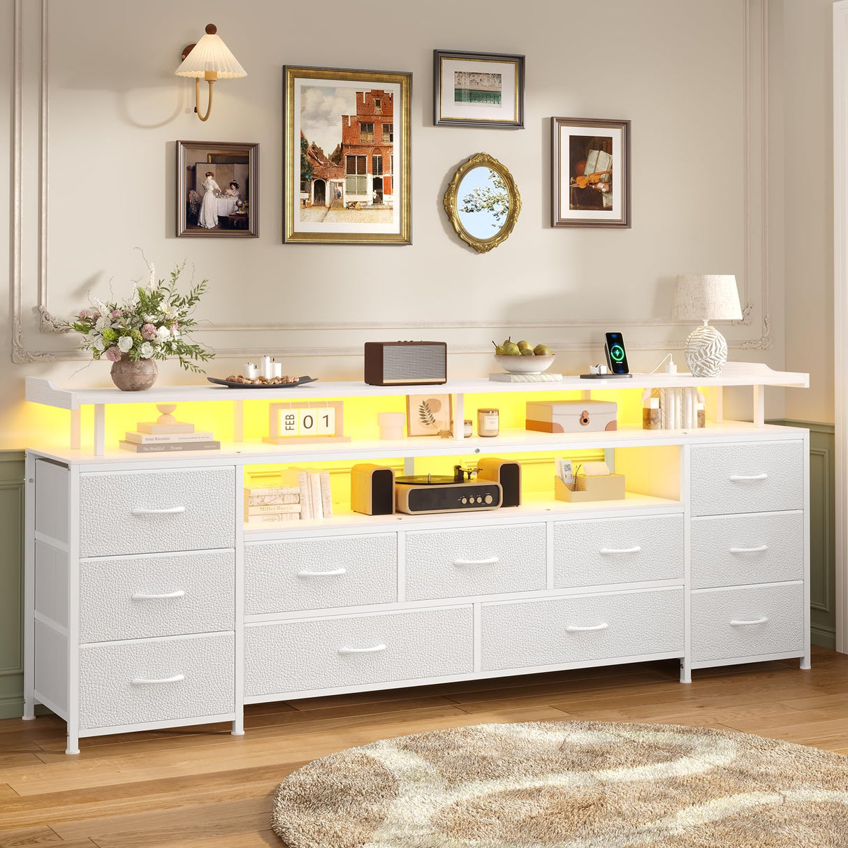 ADORNEVE TV Stand for 65 Inch TV, 63" W TV Console Table with LED Lights & Charging Station, Long Dresser with 11 PU Drawers, Large Entertainment Center with Shelves for Bedroom,White ADORNEVE