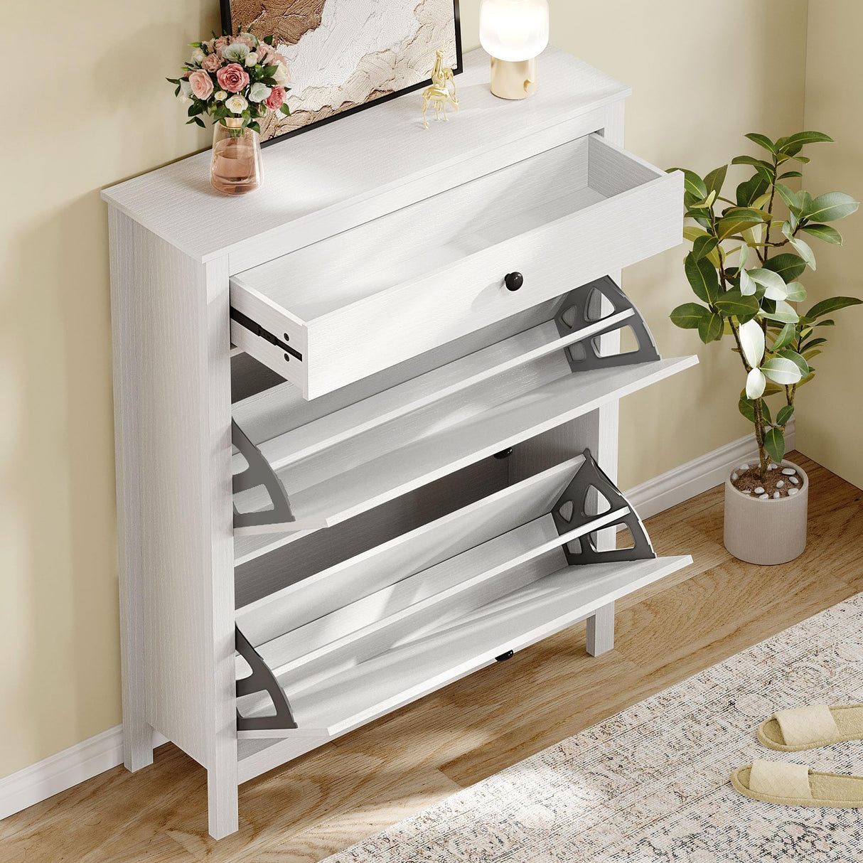 DWVO Narrow Shoe Cabinet with 2 Flip Drawer Slim White Shoe Storage Cabinet with Drawer, Adjustable or Removable Hidden Shoe Rack Free Standing Shoe Cabinet Organizer for Entryway, Hallway DWVO