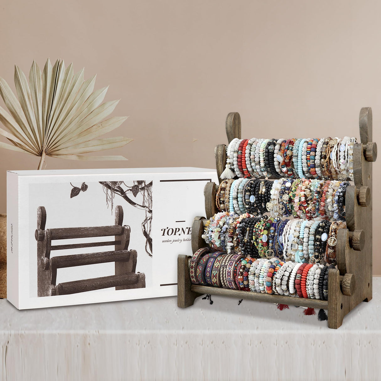 TOPNEW 4 Tier Wooden Bracelet Holder, Bangle Watch Necklace Display Storage Jewelry Holder Stand Display Organizer, Brown 4 Tier Wooden Bracelet Holder TOPNEW