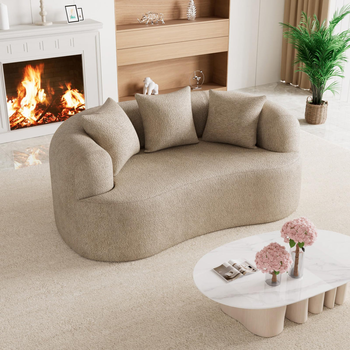 68.5" Loveseat Sofa for Living Room, Modern Luxury Plush Chenille Extra Deep Seat Curved Cloud Floor Couch with 3 Throw Pillows for Small Spaces, No Assembly Needed, Light Brown DAMAIFROM