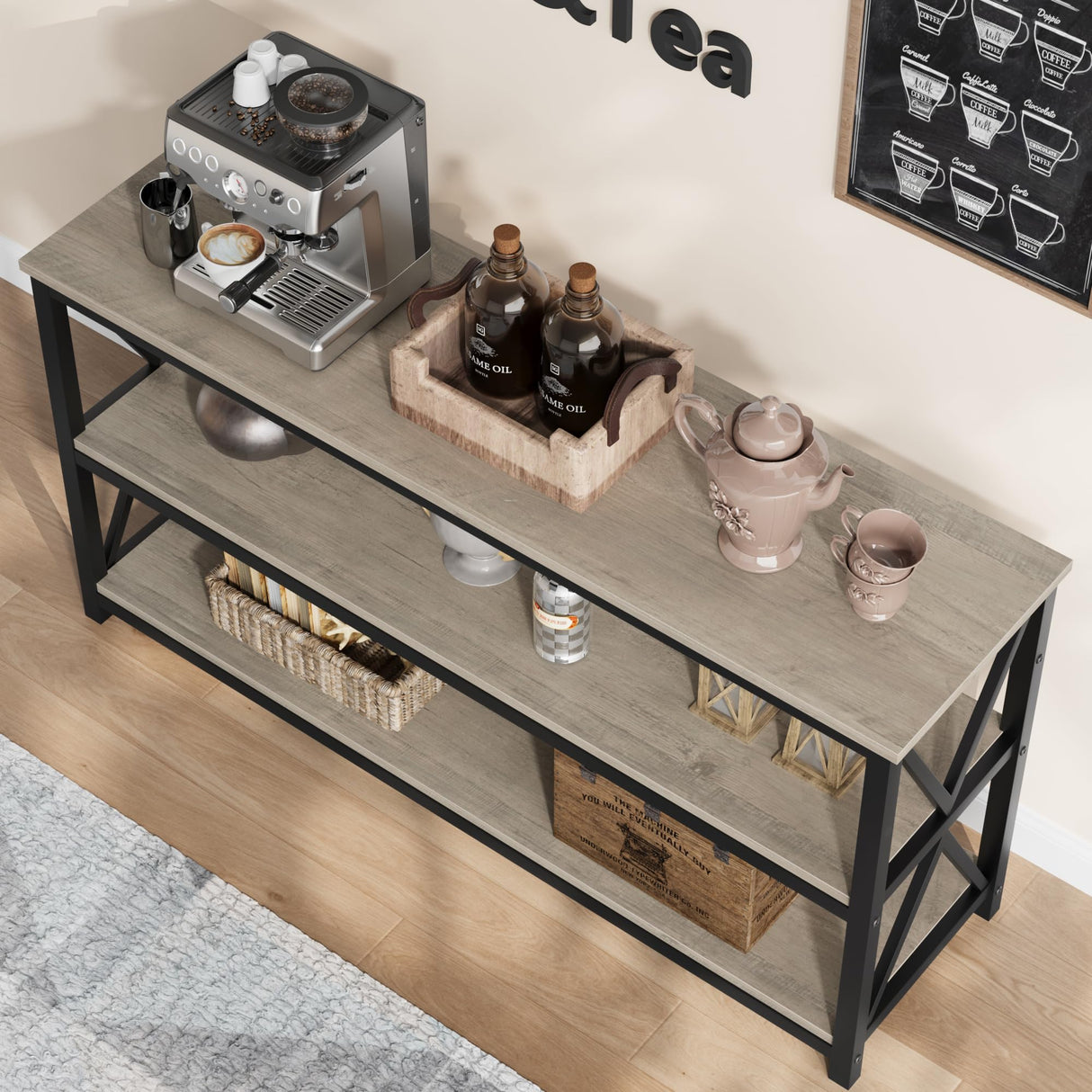 IDEALHOUSE 55 Inch Entryway Table, Narrow Long Console Table with Storage, 3 Tier Wood Sofa Table for Living Room, Industrial Behind Couch Table, Hallway Table for Foyer, Entryway Furniture-Grey IDEALHOUSE