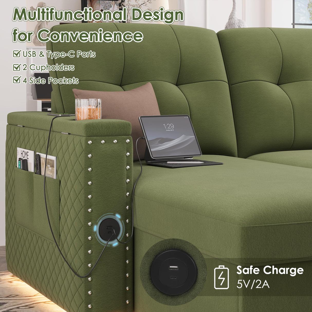 HIFIT Sleeper Sofa Bed- 87" L Shaped Pull Out Couches for Living Room with Storage Chaise, Storage Armrest, LED Light&USB Port&Cupholder, Modern Velvet Sectional Home Sofa Living Room Furniture, Green HIFIT