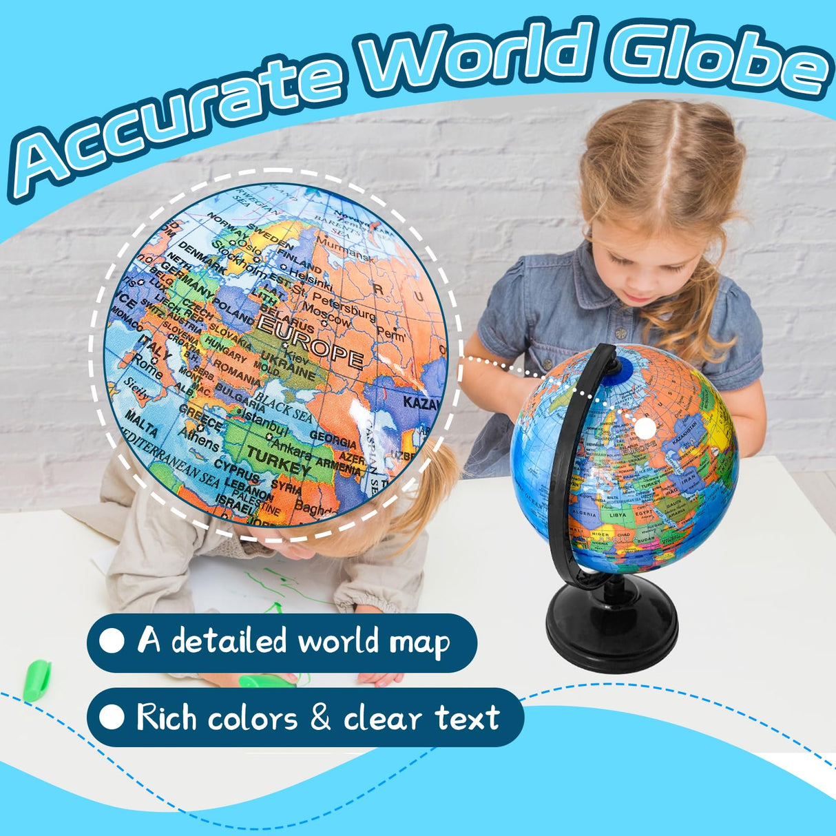 8'' Rotating World Globe with Stand,Decorative Spinning Earth Globe,Geographic Educational World Globe for Kids Classroom Tools,Desk Decorations,Gifts Rrshnsgv