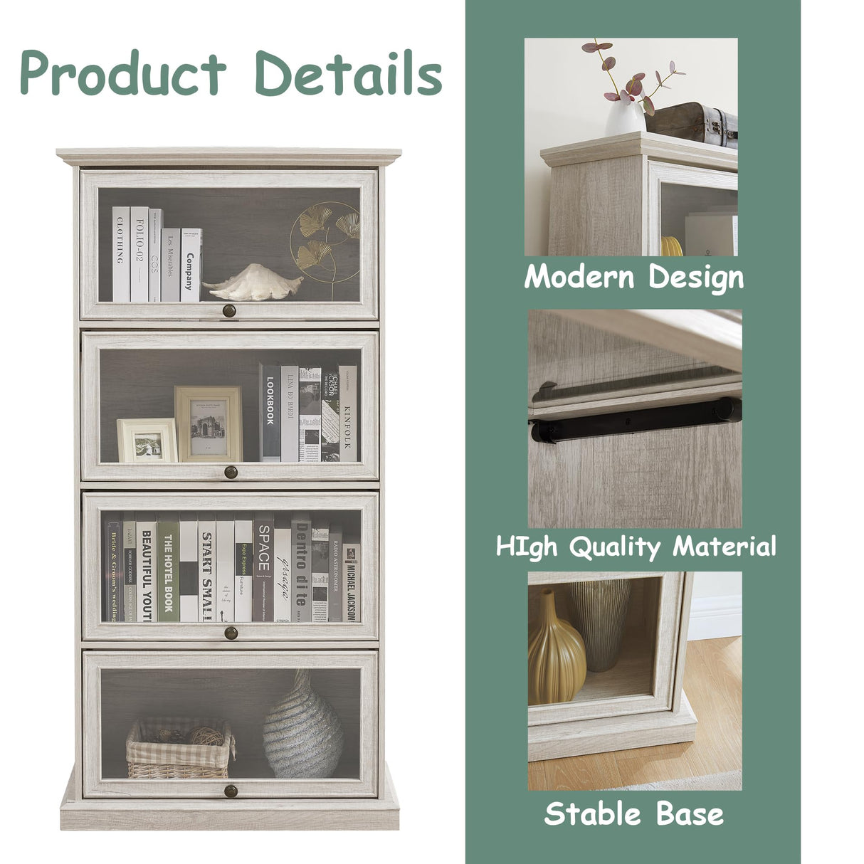 HIUU White Display Curio Cabinet with Glass Doors,White Showcase Display Cabinet,Shelves with Flip-Up Glass Doors,Farmhouse Barrister Bookcase HIUU