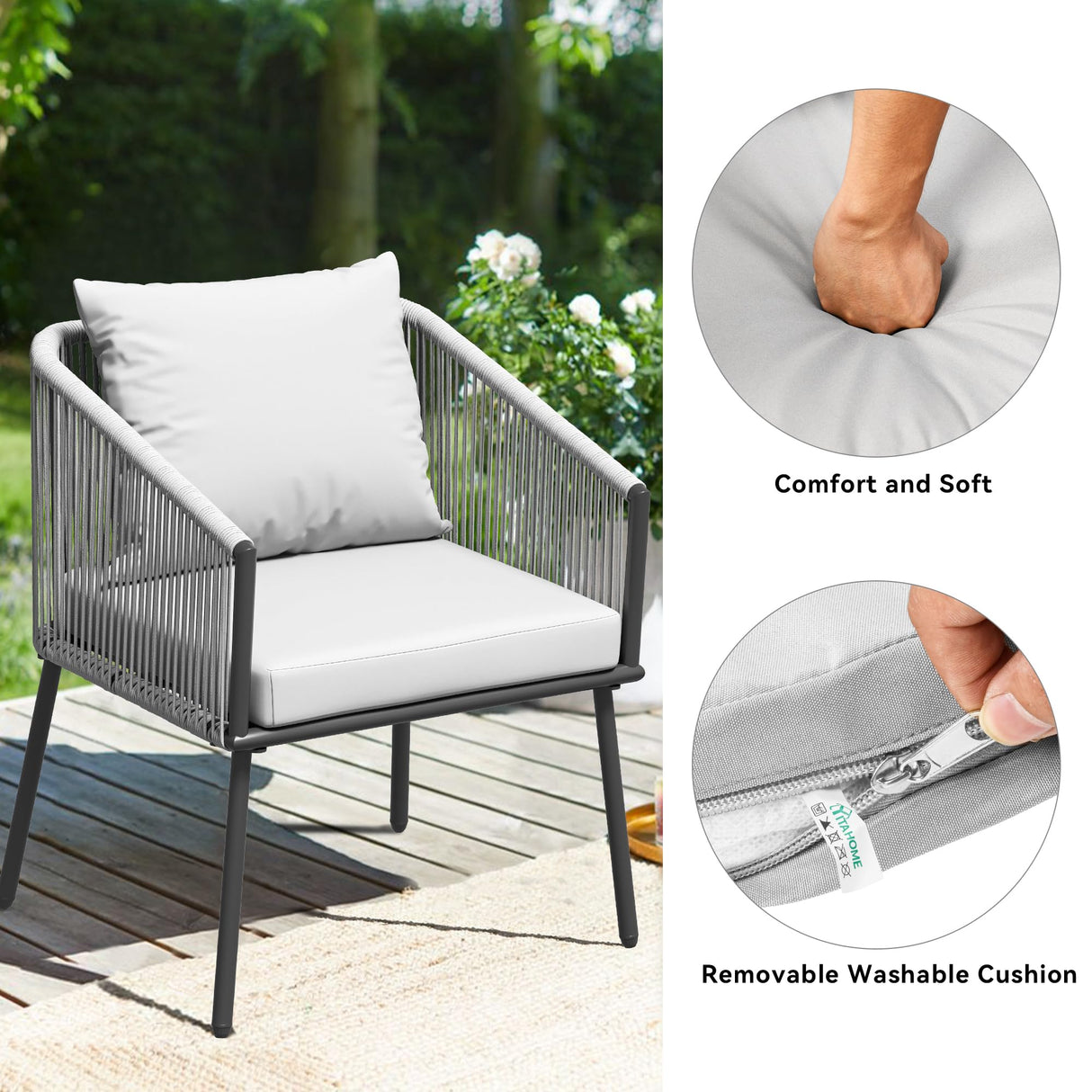 YITAHOME 4-Piece Patio Furniture Outdoor Bistro Set, All Weather Double Gray Rope Conversation Loveseat for Backyard, Balcony, Deck with Soft Cushions and Metal Table (Gray) YITAHOME