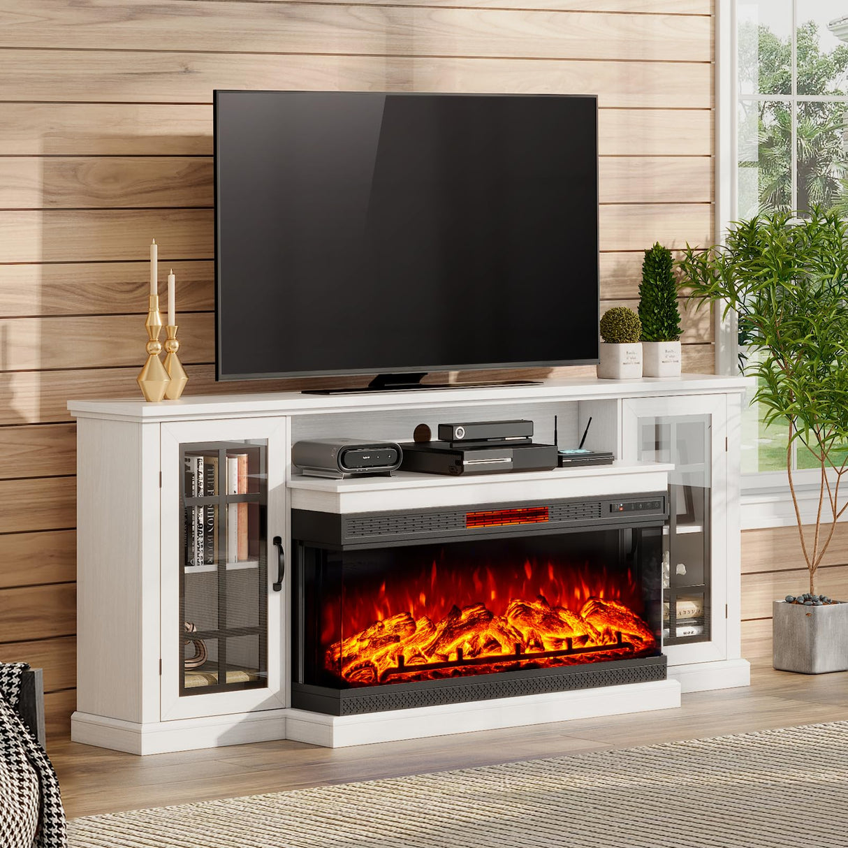 AMERLIFE 75in 3-Sided Glass Fireplace TV Stand for TVs up to 85", Rustic Media Entertainment Center Console Table with Glass Door Closed Storage, Distressed White AMERLIFE