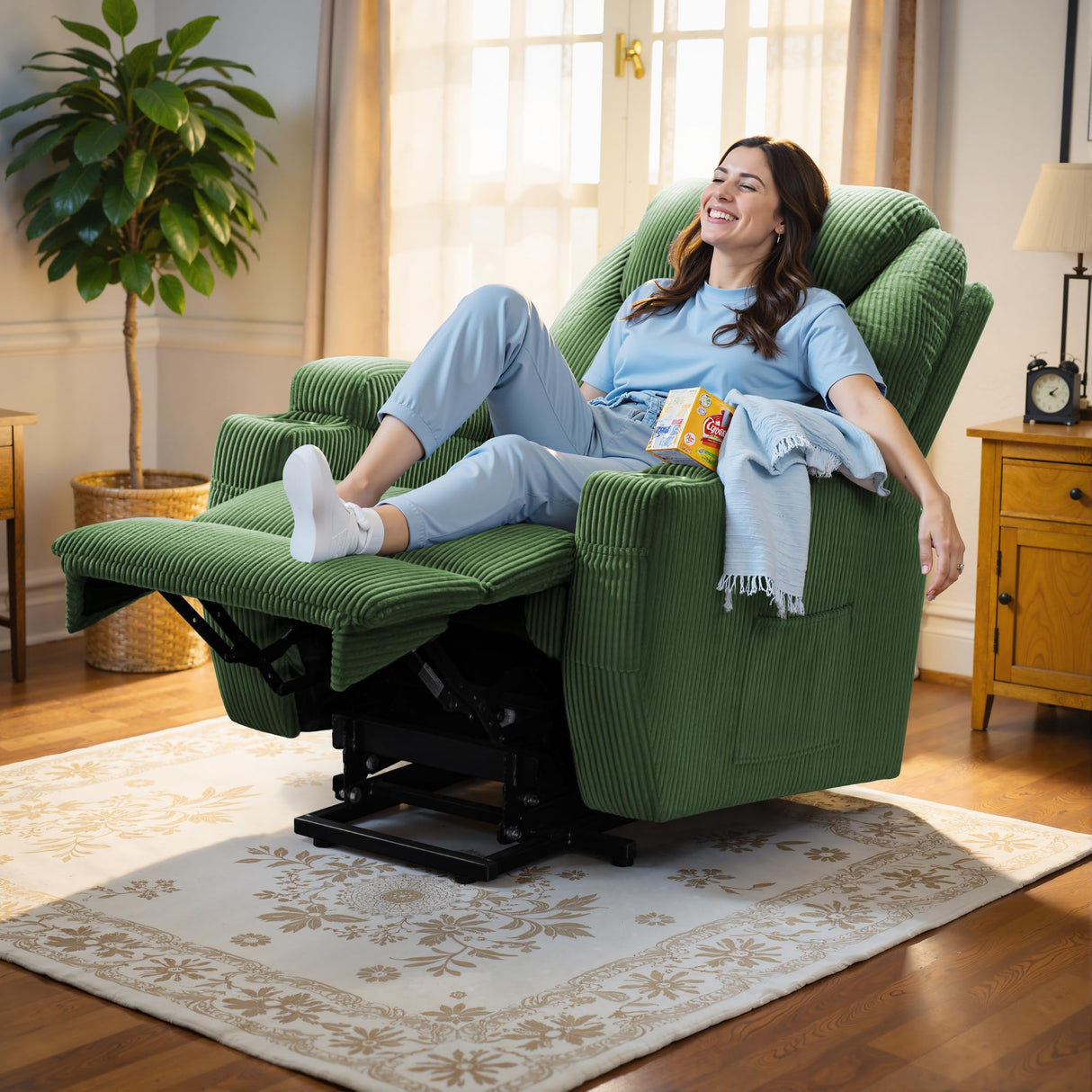 Flamaker Power Lift Recliner Chair Electric Lift Recliner for Elderly Power Lift Recliner Chair with Cup Holders Side Pockets for Living Room (Corduroy, Green) Flamaker