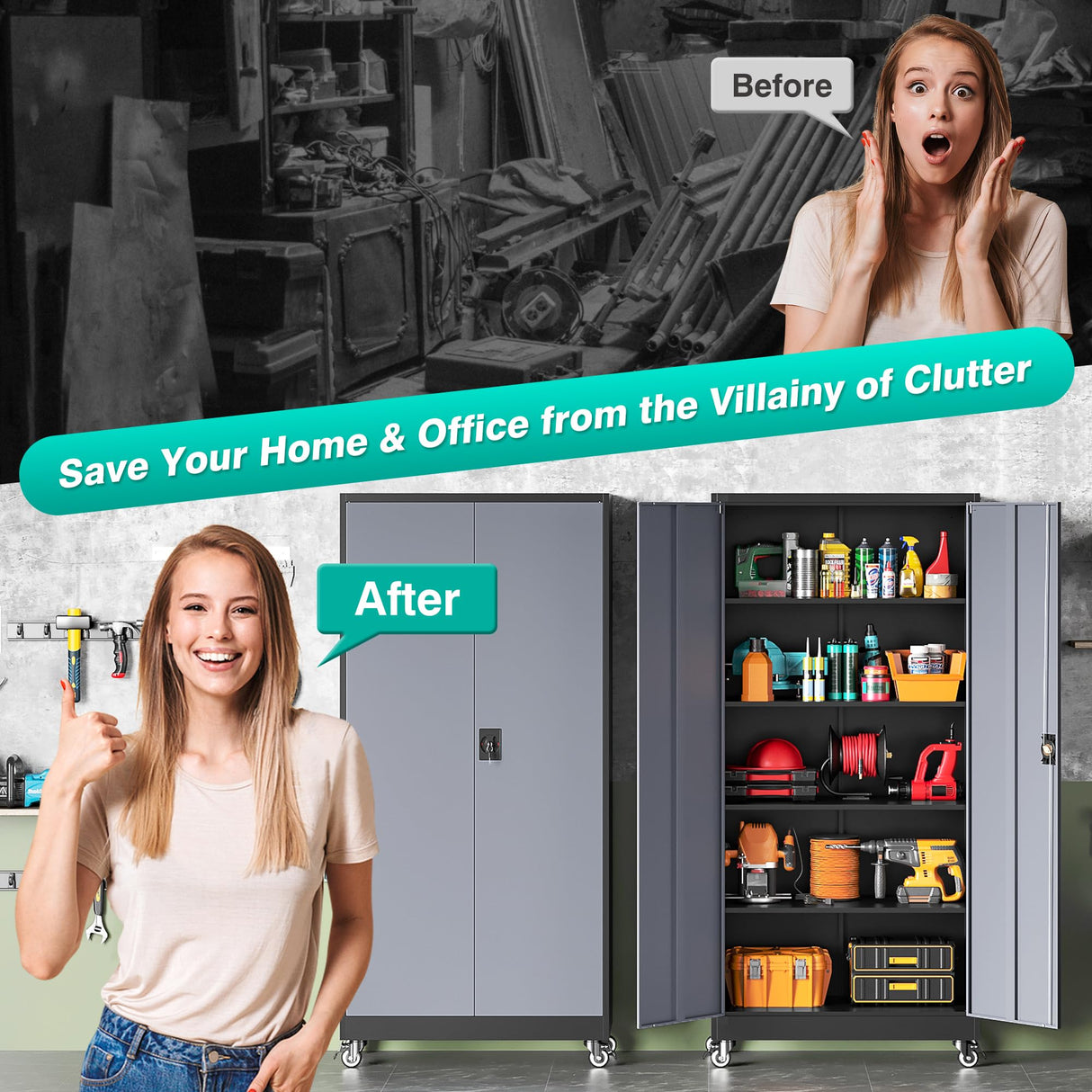 SISESOL Metal Storage Cabinet with Wheels,75 inch Rolling Garage Storage Cabinet with Lock,Gray Metal Cabinets with Wheels and Shelves,Tall Tool Cabinets on Wheel for Garage,Home,Office,Shop SISESOL