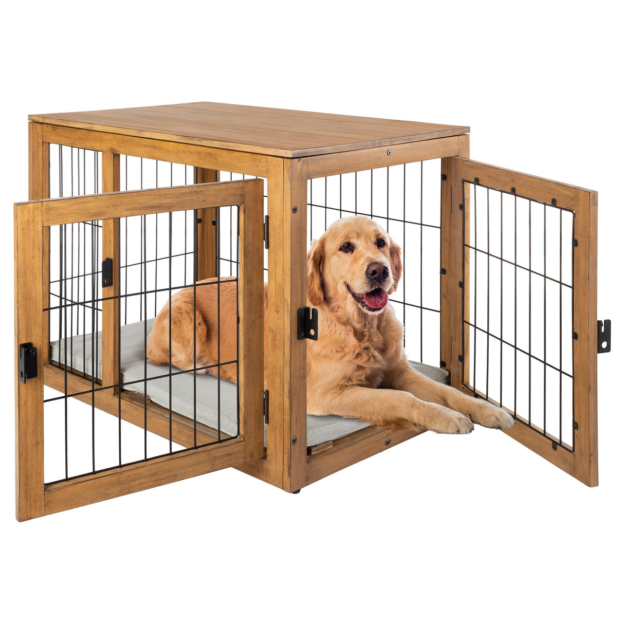 Furniture-Style Dog Crate - Acacia Wood Kennel for Large Dogs with Double Doors and Cushion - Dog Kennel Furniture by PETMAKER (Natural) PETMAKER