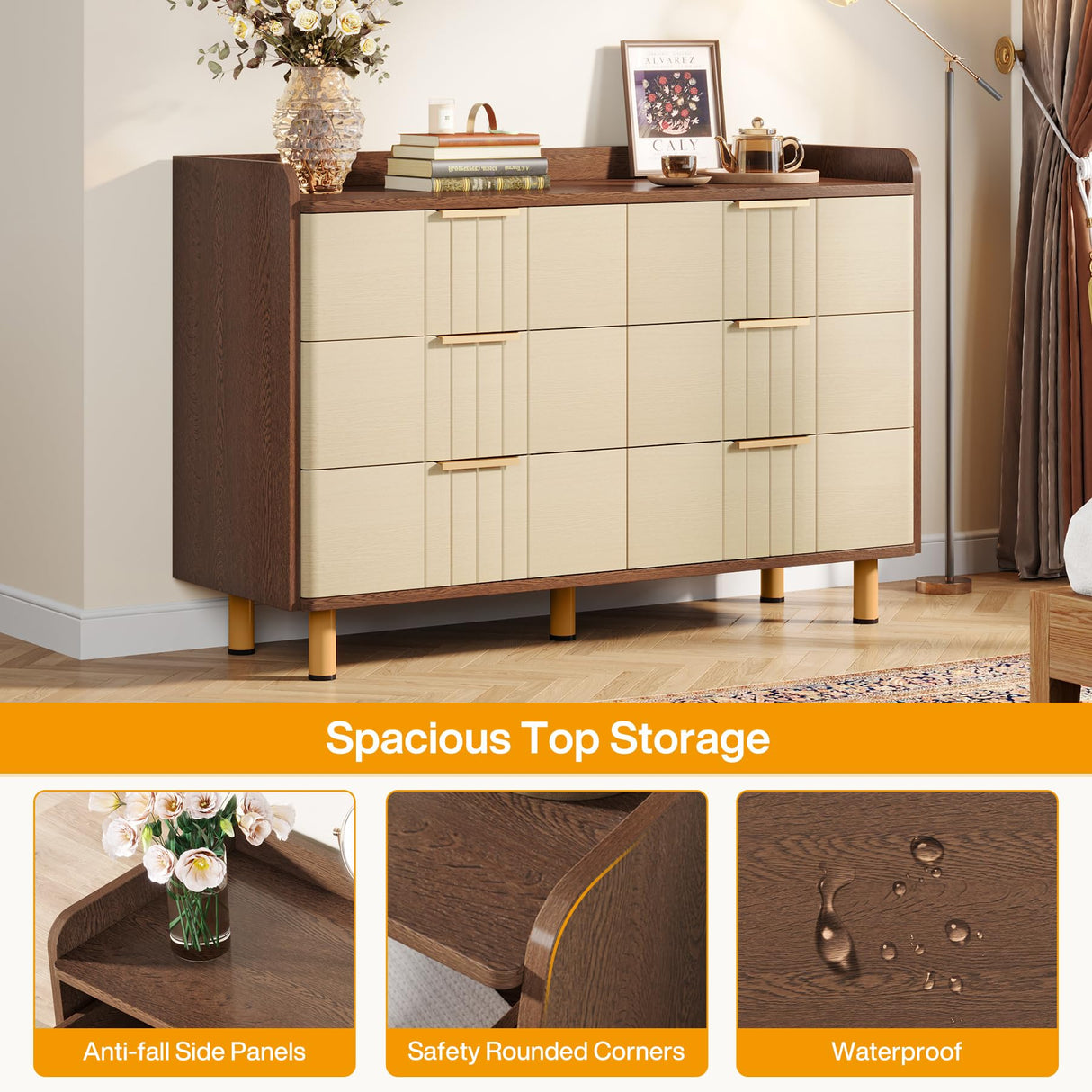 Tribesigns 6-Drawer Double Dresser, Modern Chest of Deep Drawers, Wooden Storage Dresser Organizer with Gold Metal Handles & Sturdy Legs, Large Storage Cabinet for Bedroom, Living Room, Brown & Oak Tribesigns